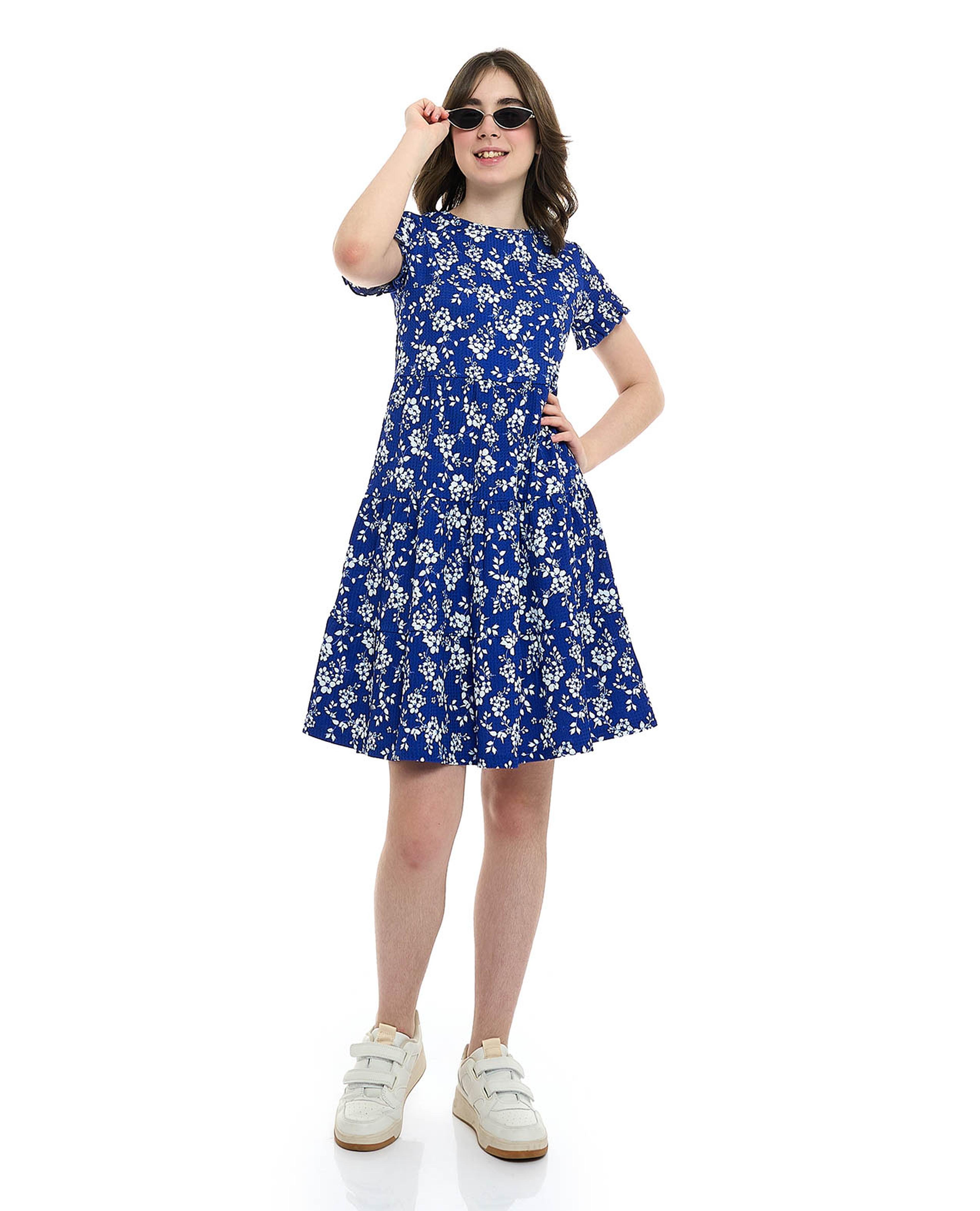 Floral Print Tiered Dress with Crew Neck and Short Sleeves