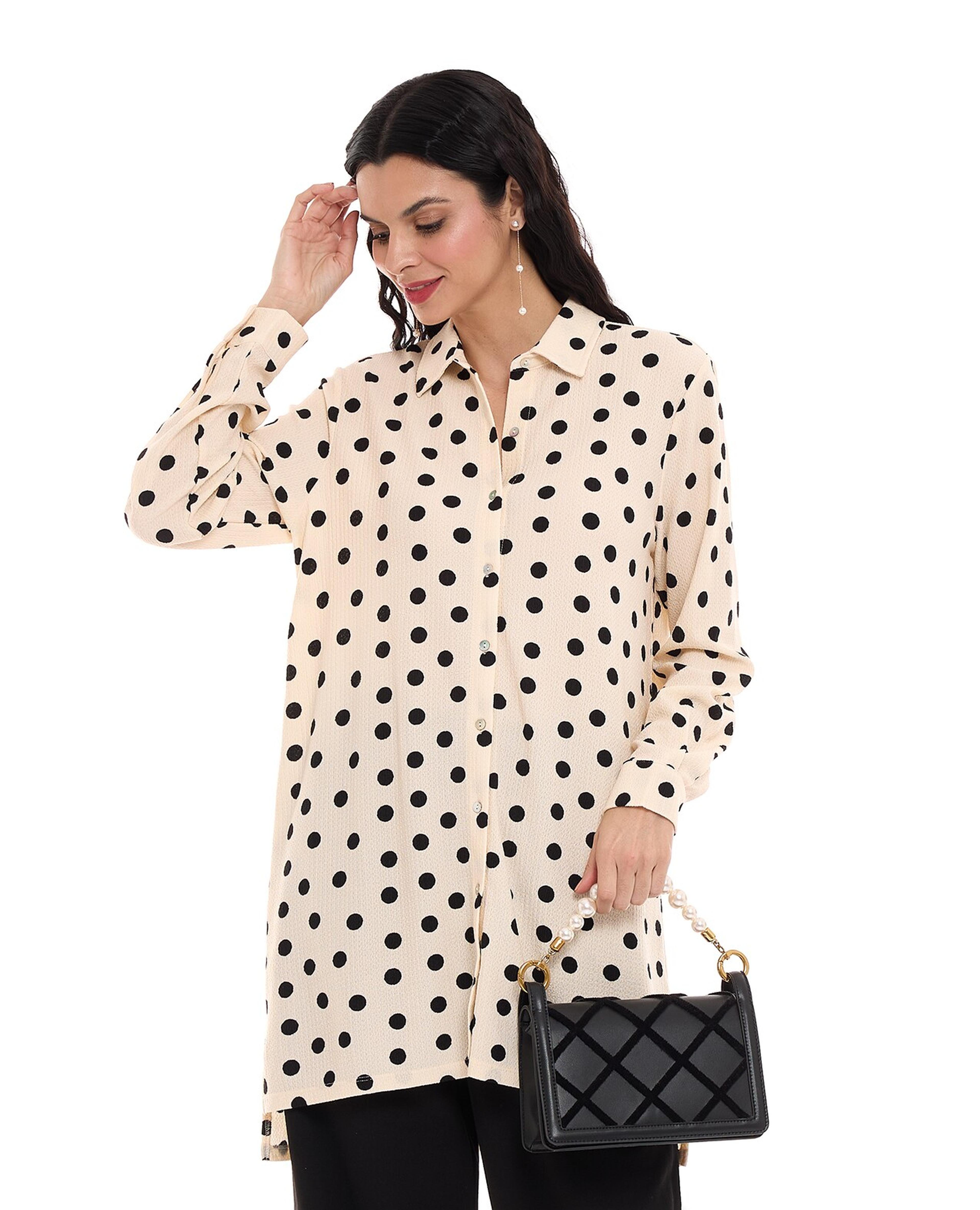 Polka Dots Tunic Shirt with Classic Collar and Long Sleeves