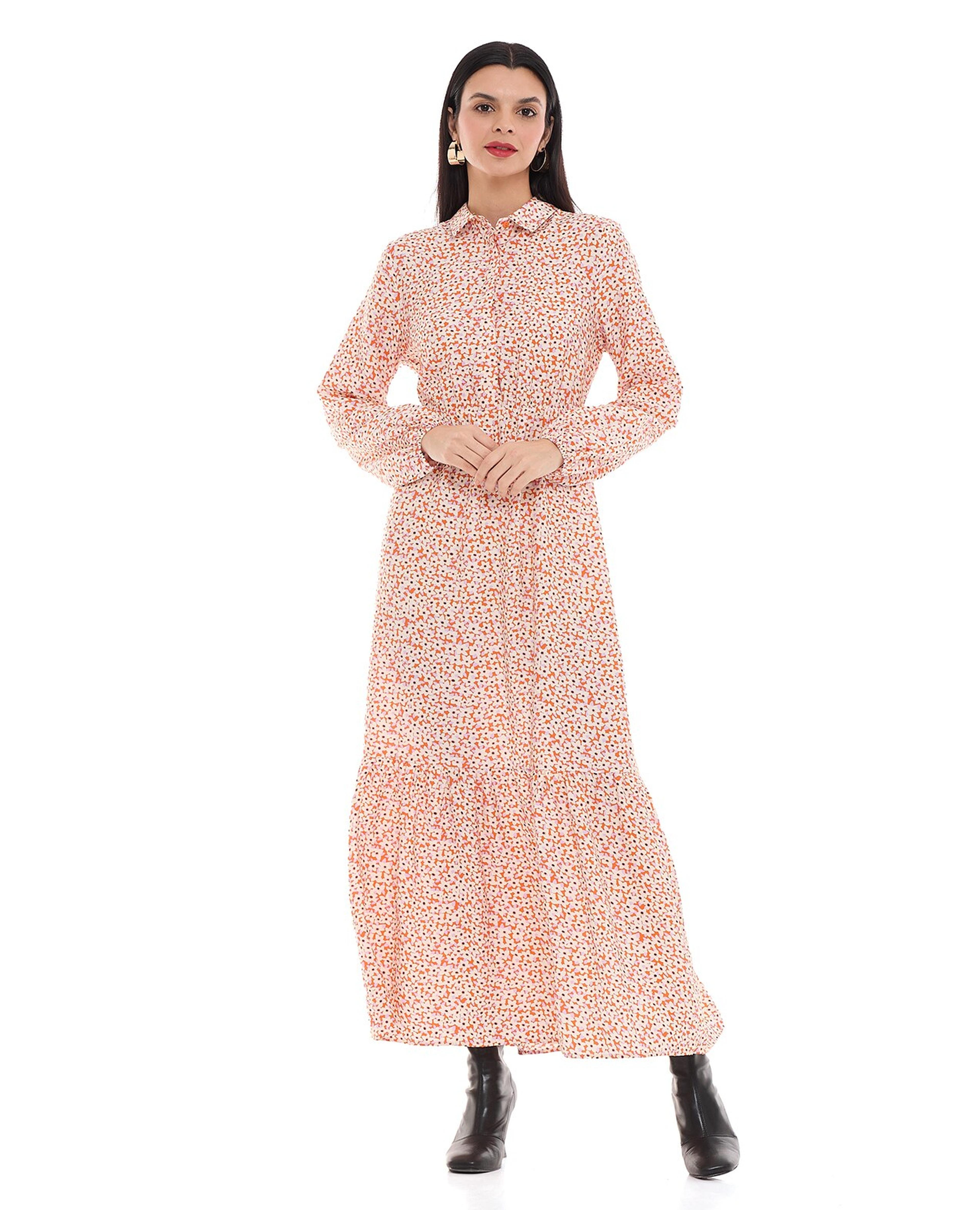 Floral Patterned Maxi Dress with Classic Collar and Long Sleeves