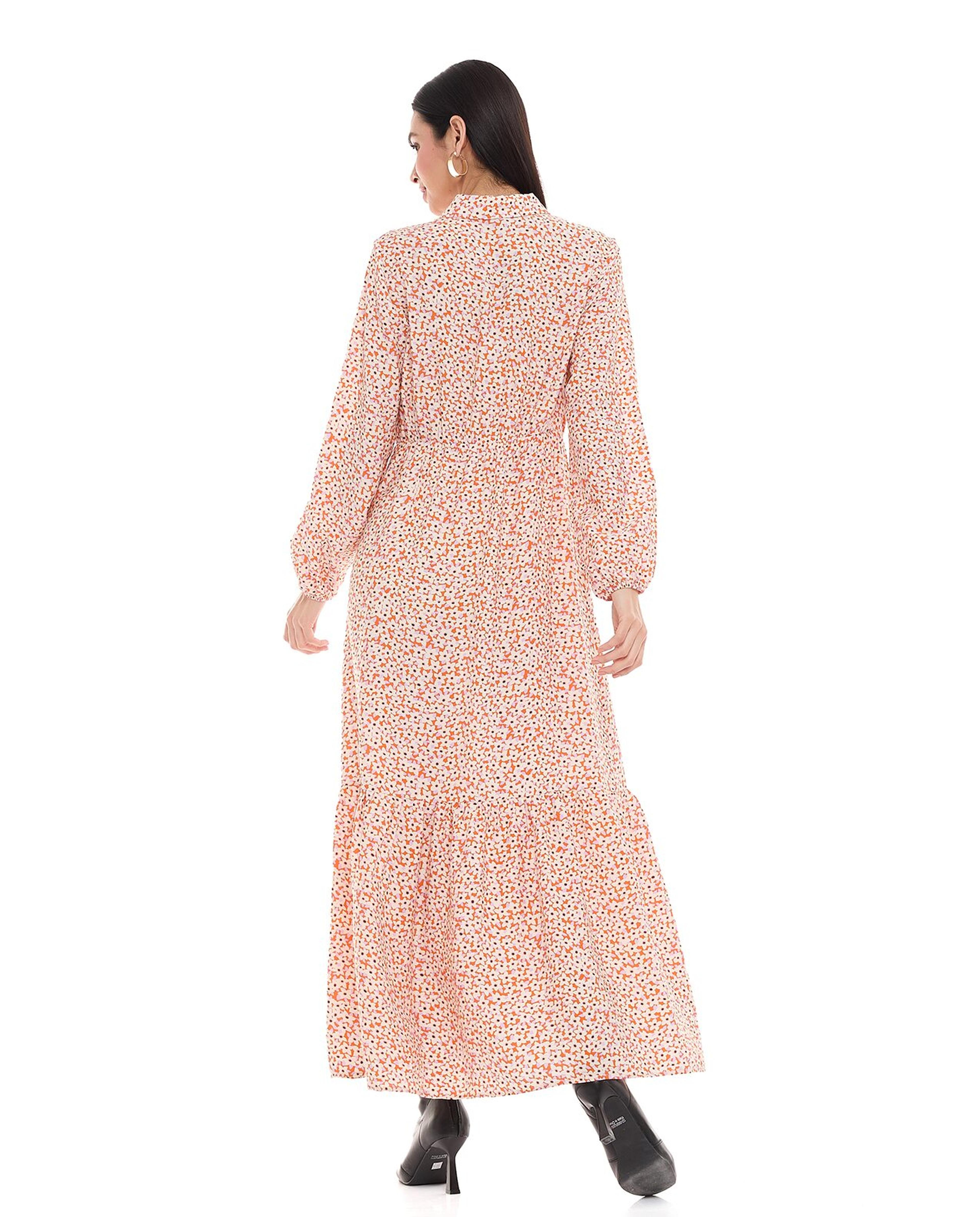 فستان ماكسي بياقة كلاسيكية وبأكمام طويلة وبطبعة زهور