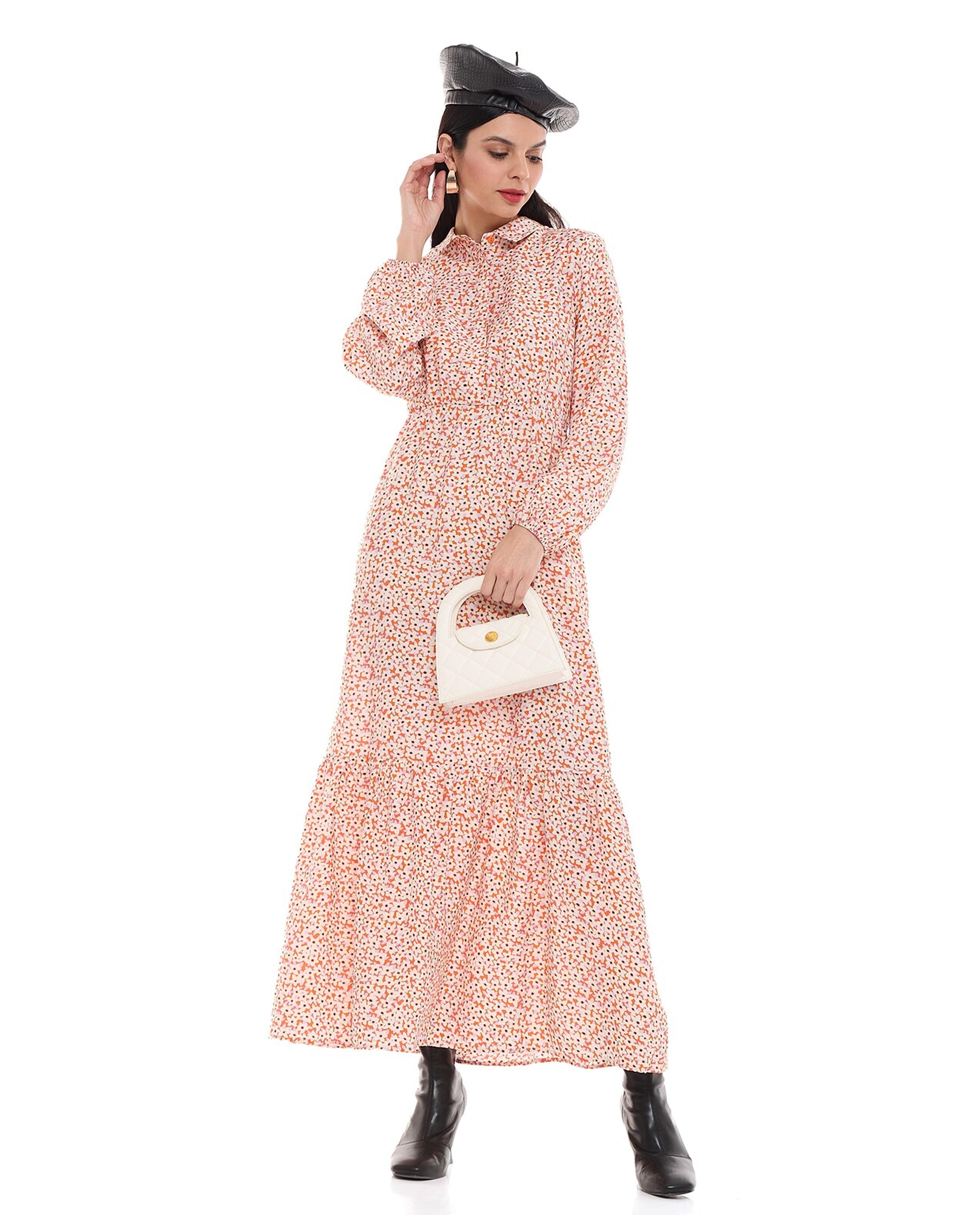 Floral Patterned Maxi Dress with Classic Collar and Long Sleeves