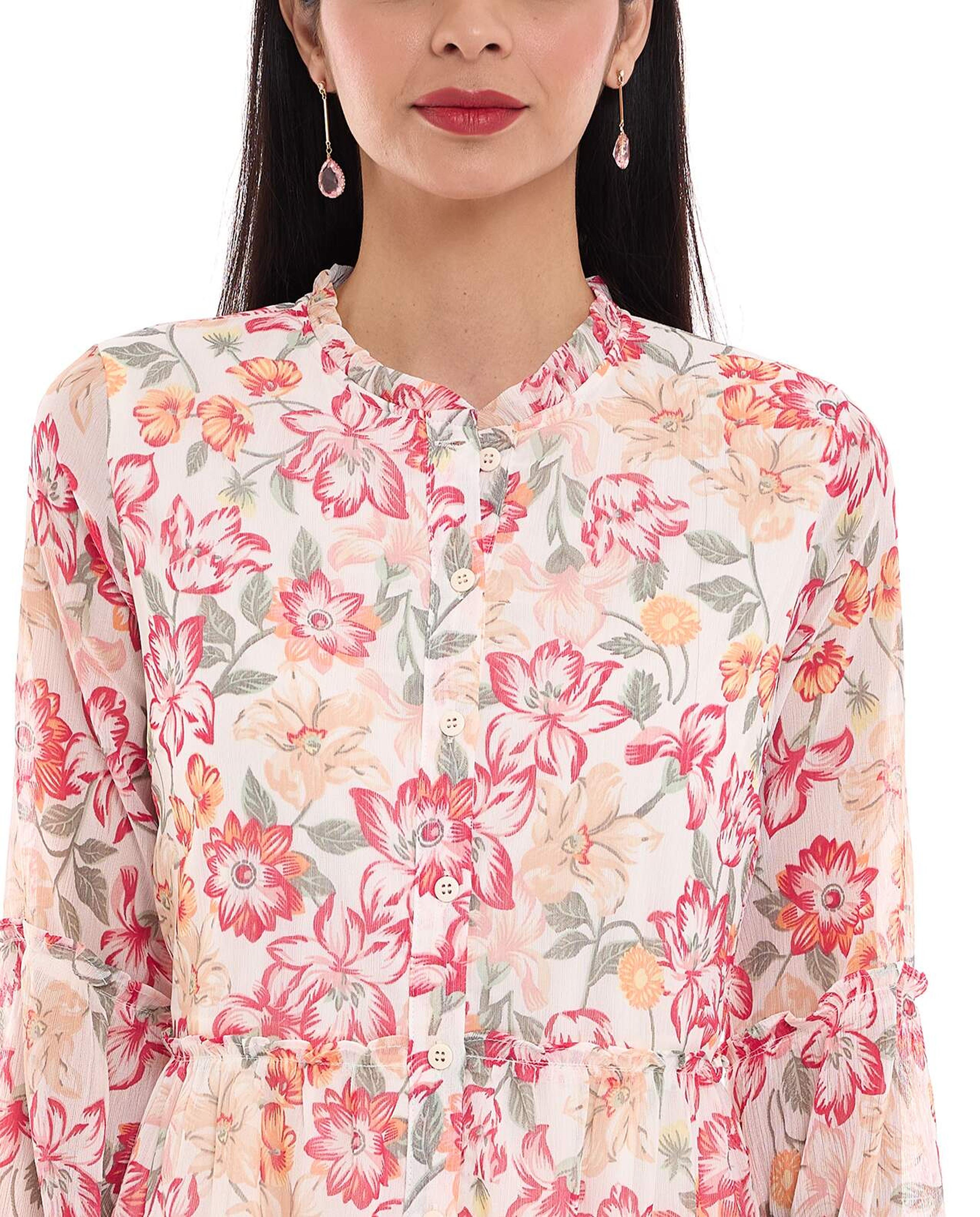 Floral Patterned Dress with Crew Neck and Long Sleeves