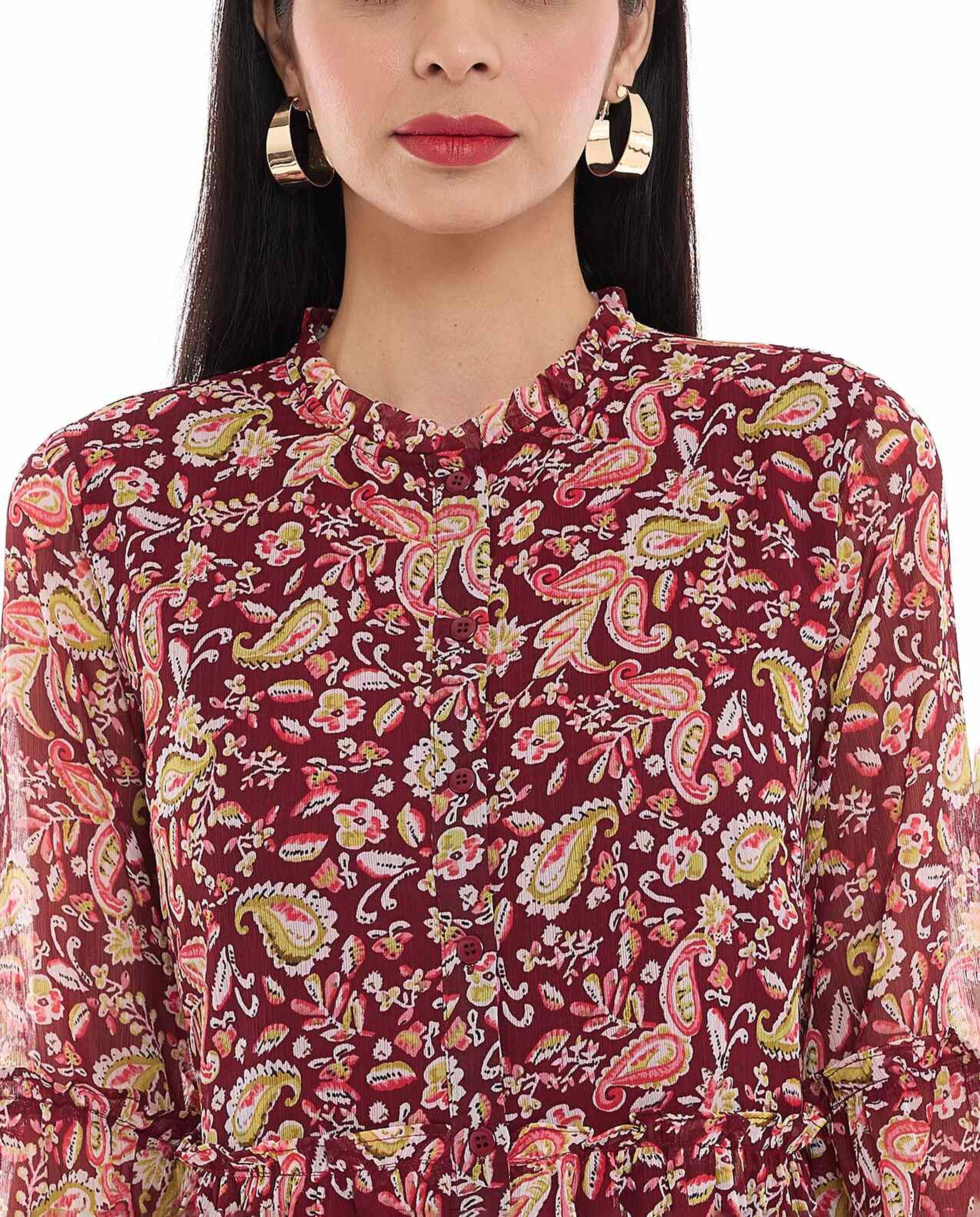 Paisley Patterned Dress with Crew Neck and Long Sleeves