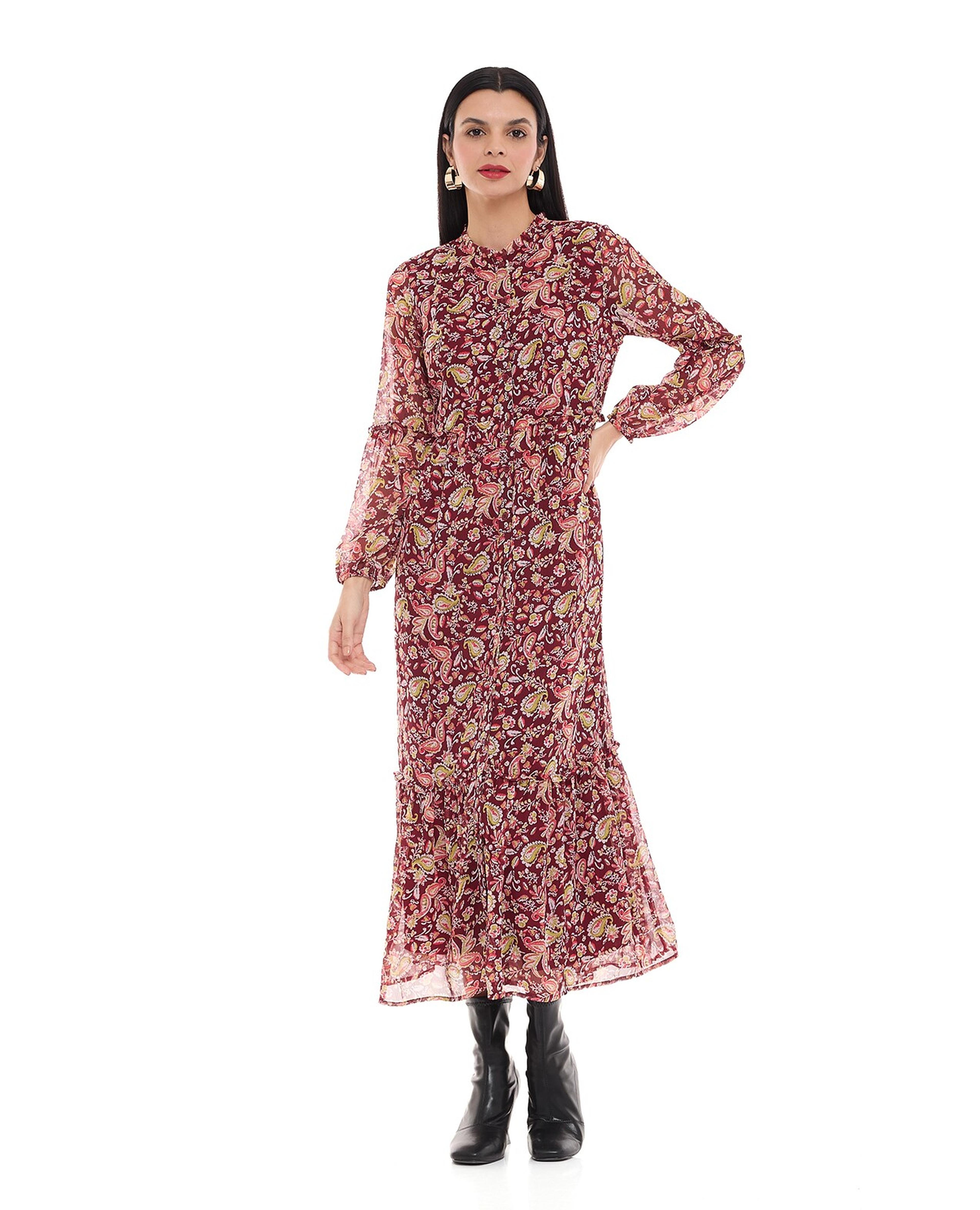 Paisley Patterned Dress with Crew Neck and Long Sleeves
