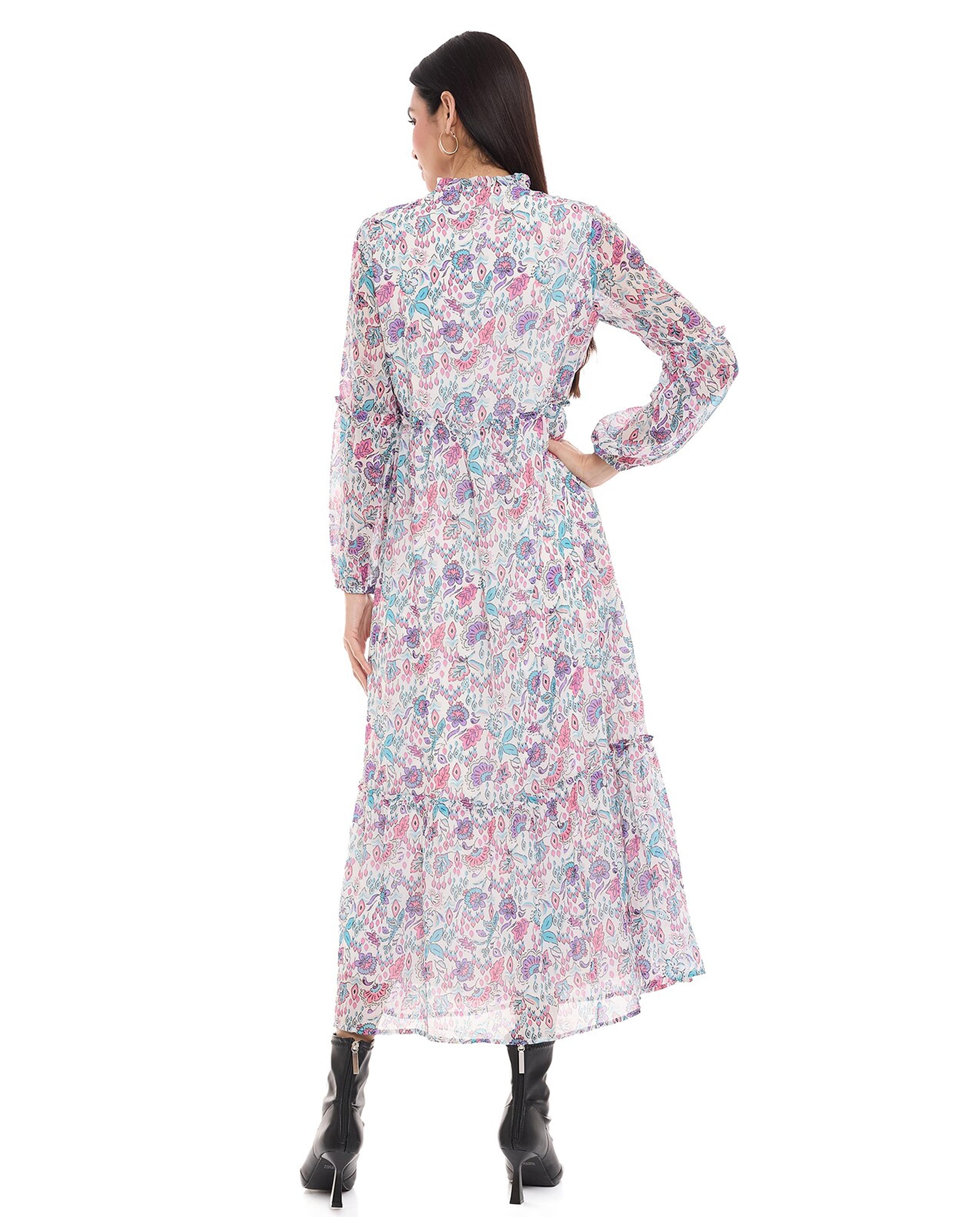 فستان بياقة دائرية وبأكمام طويلة وبطبعة زهور