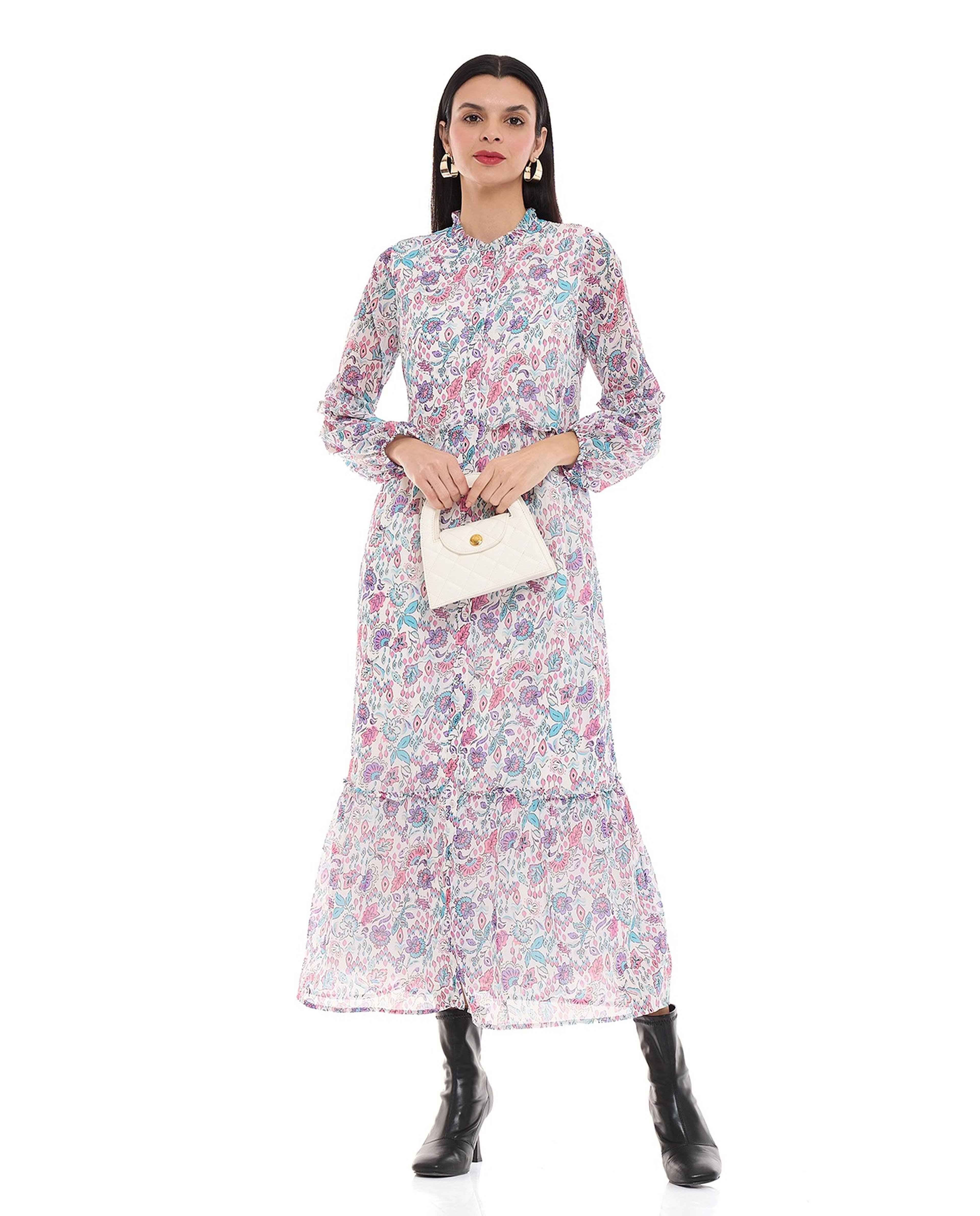 Floral Patterned Dress with Crew Neck and Long Sleeves
