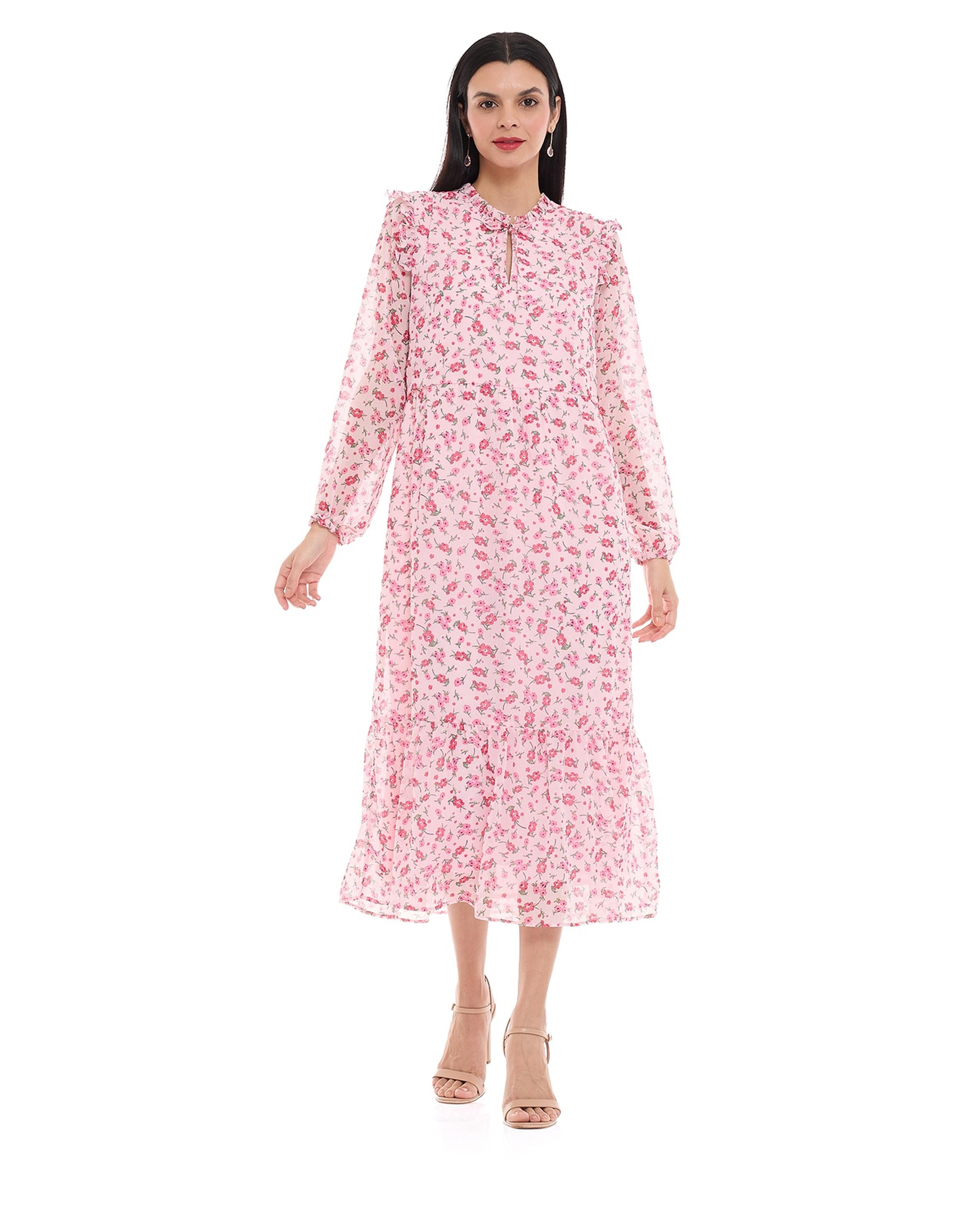 Floral Patterned Dress with Tie-Up Neck and Long Sleeves