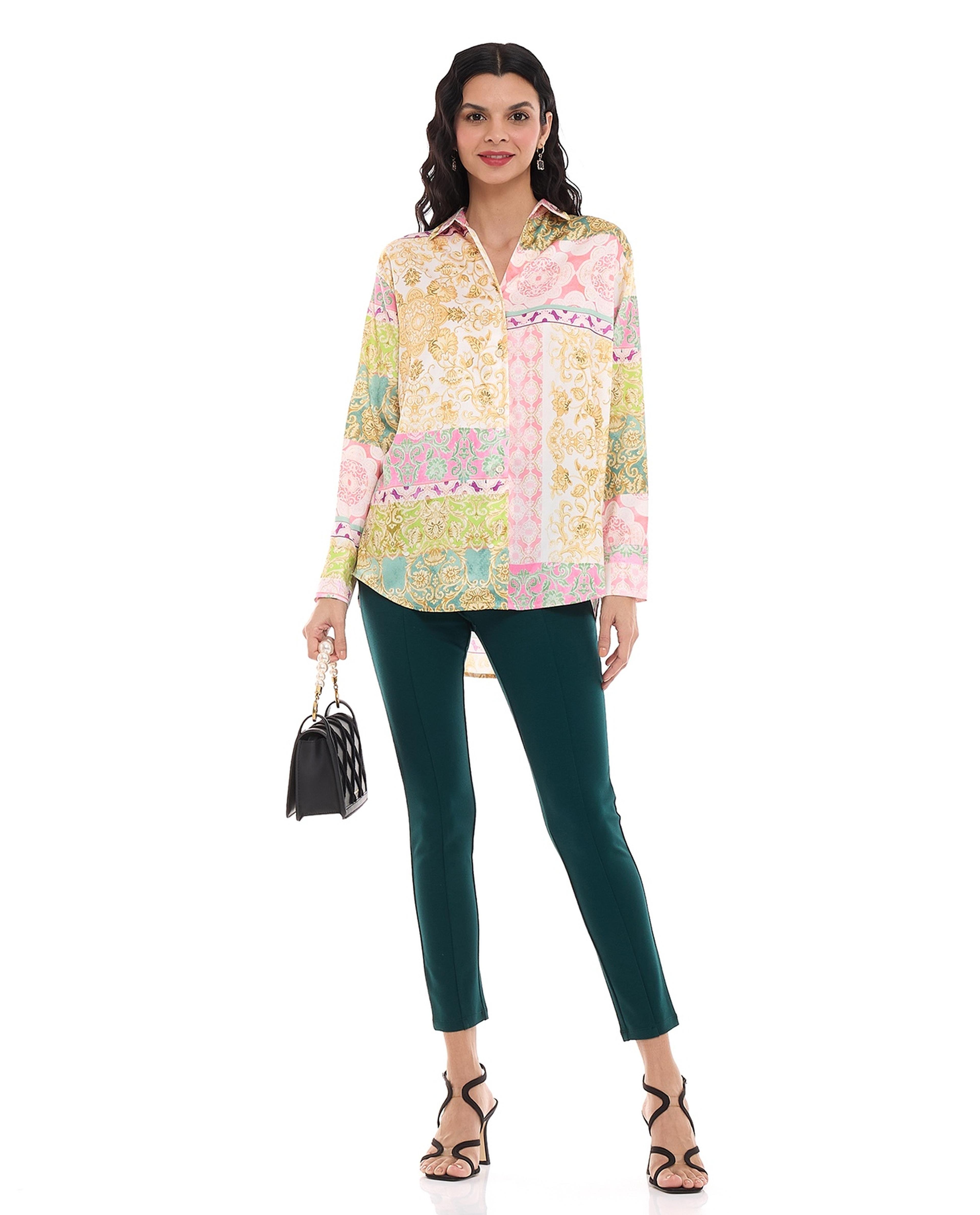 Ethnic Motif Printed Shirt with Classic Collar and Long Sleeves