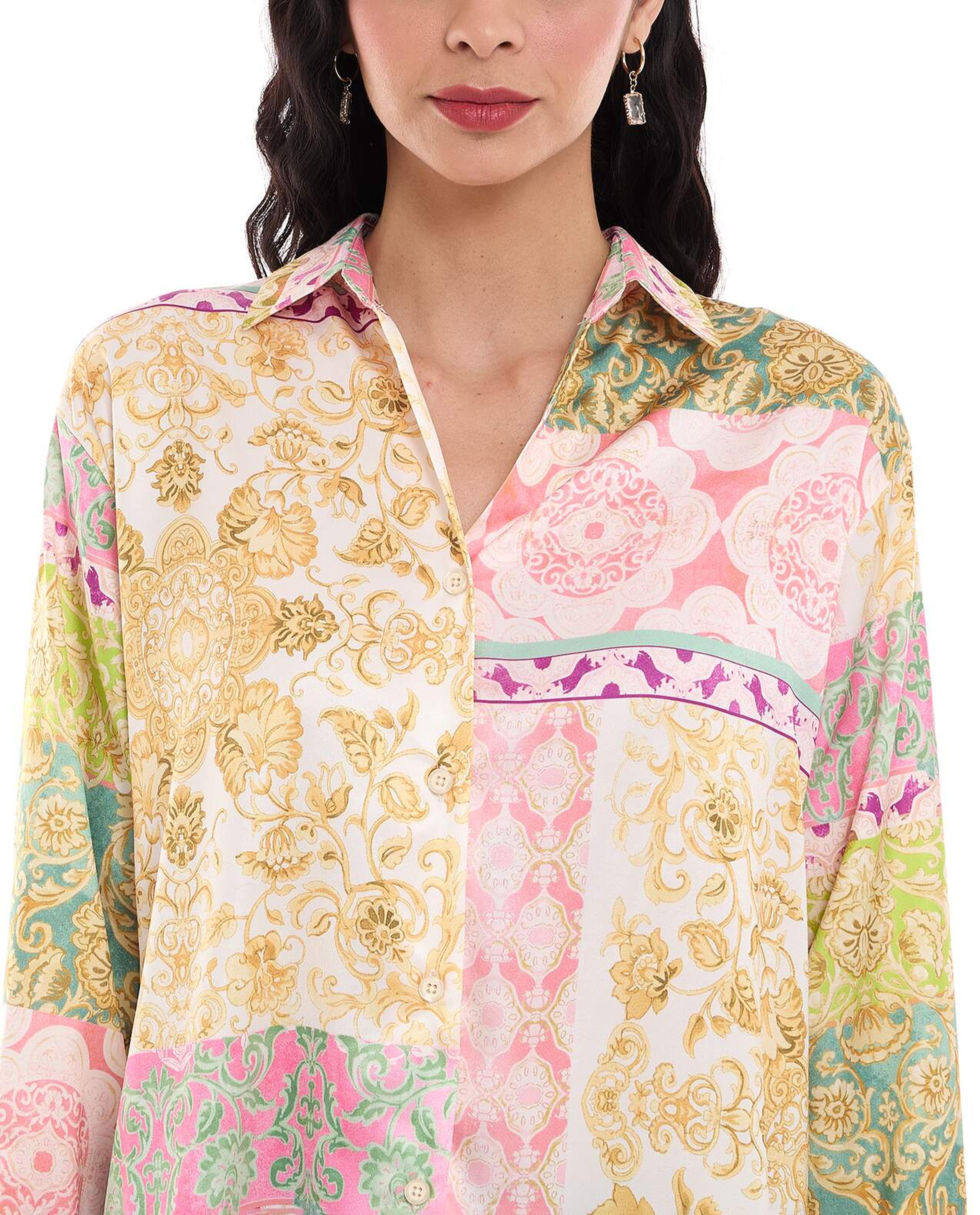 Ethnic Motif Printed Shirt with Classic Collar and Long Sleeves