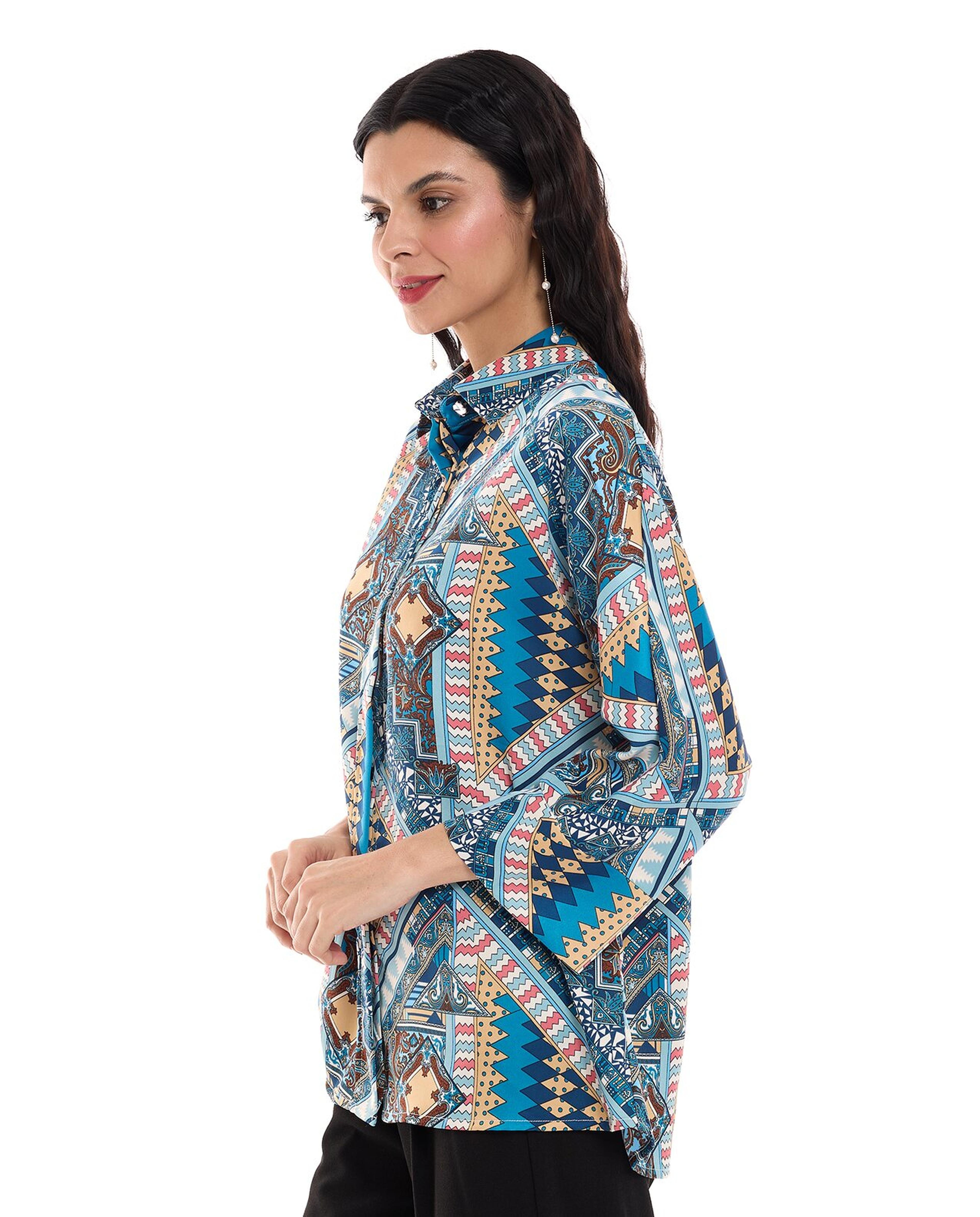 Patterned Shirt with Classic Collar and 3/4 Sleeves