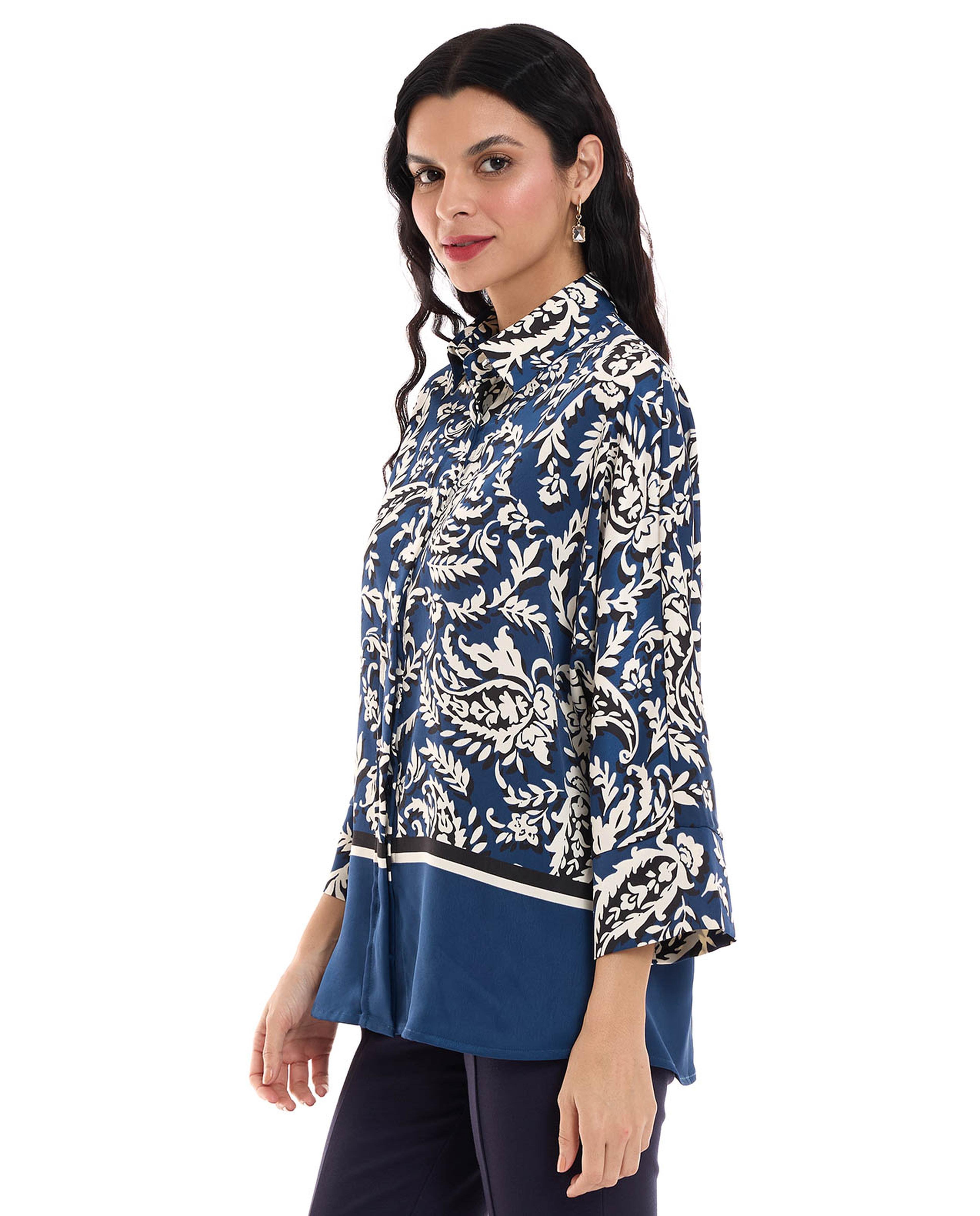 Patterned Shirt with Classic Collar and 3/4 Sleeves