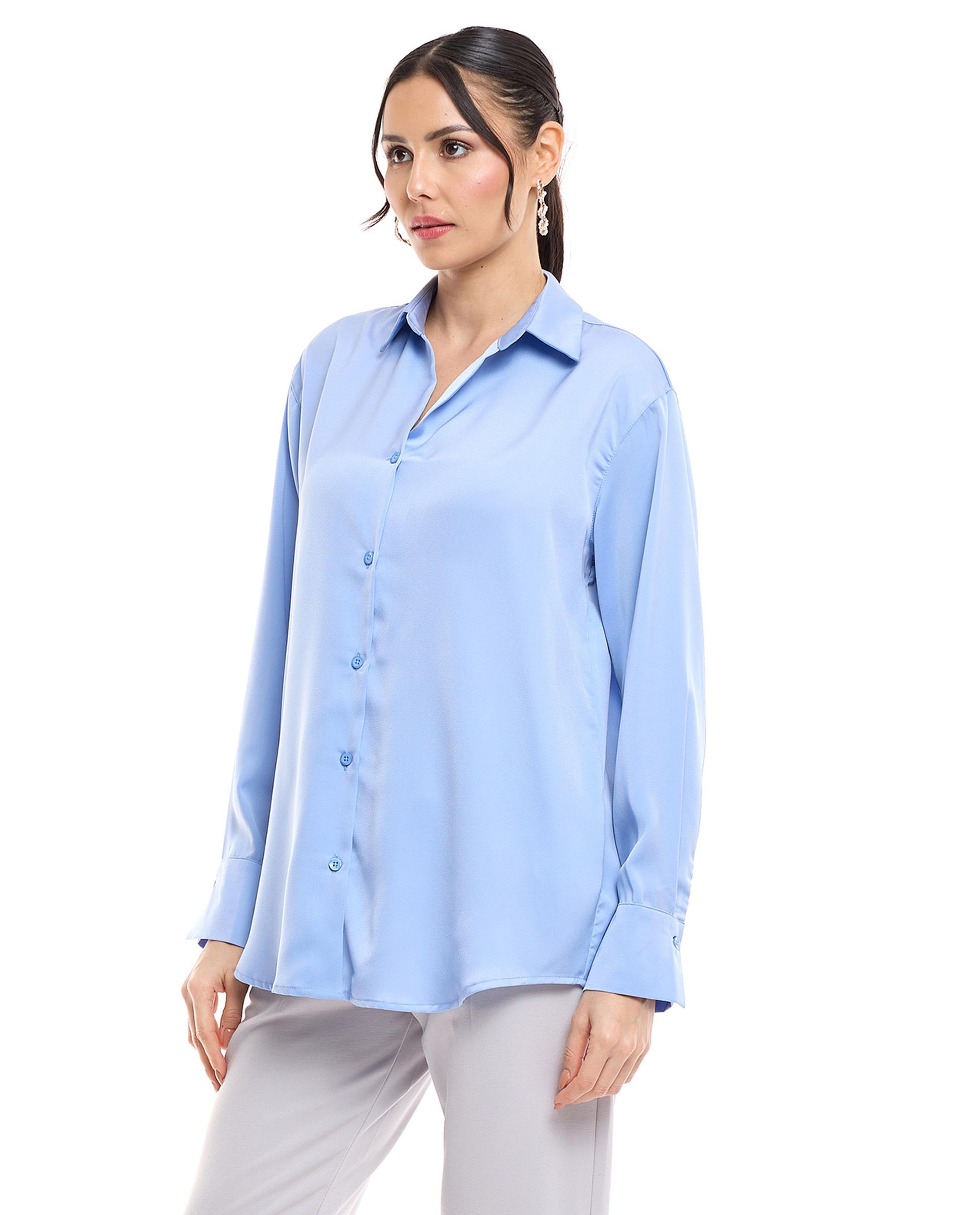 Solid Shirt with Classic Collar and Long Sleeves