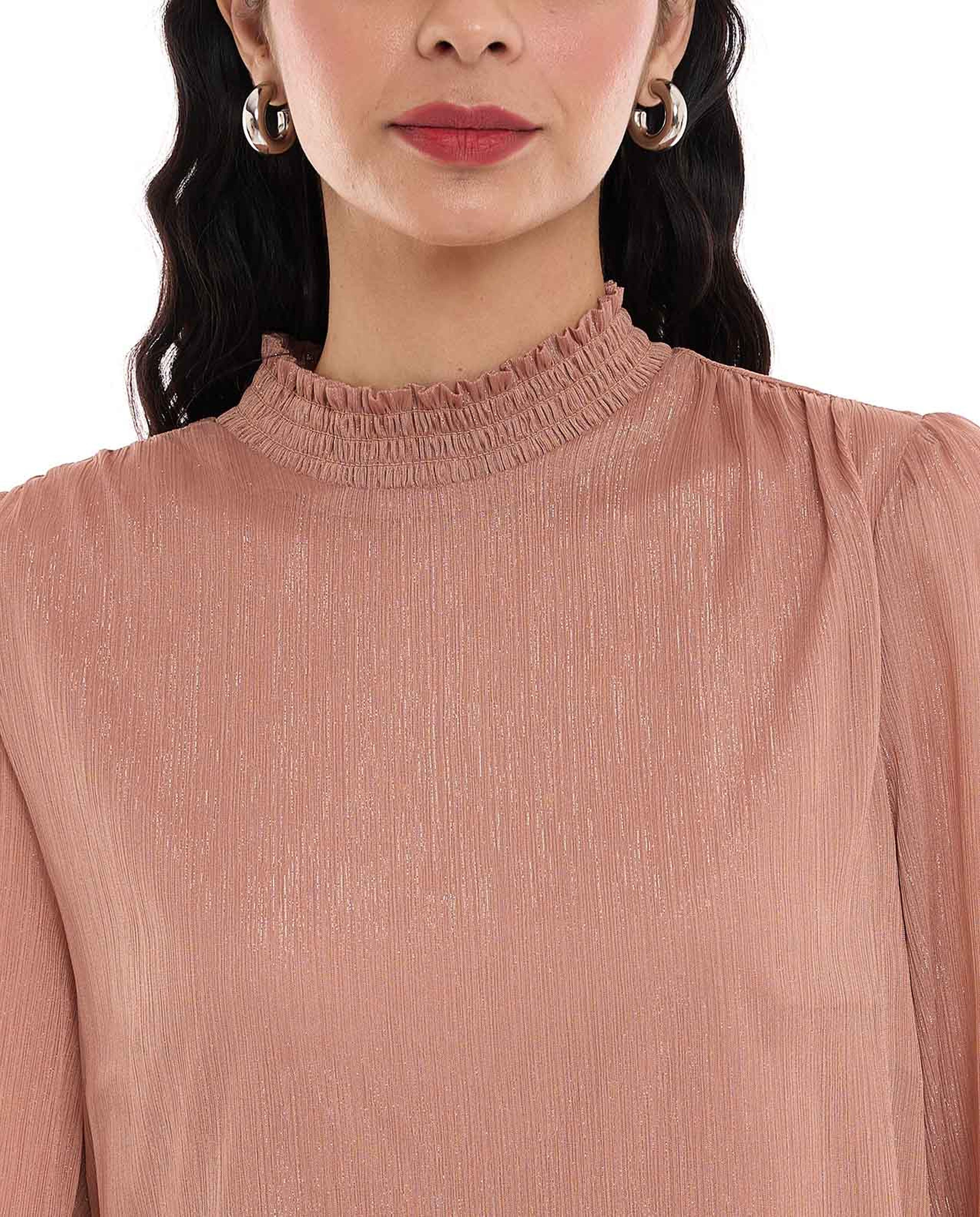 Shimmer Top with Mock Neck and Bishop Sleeves