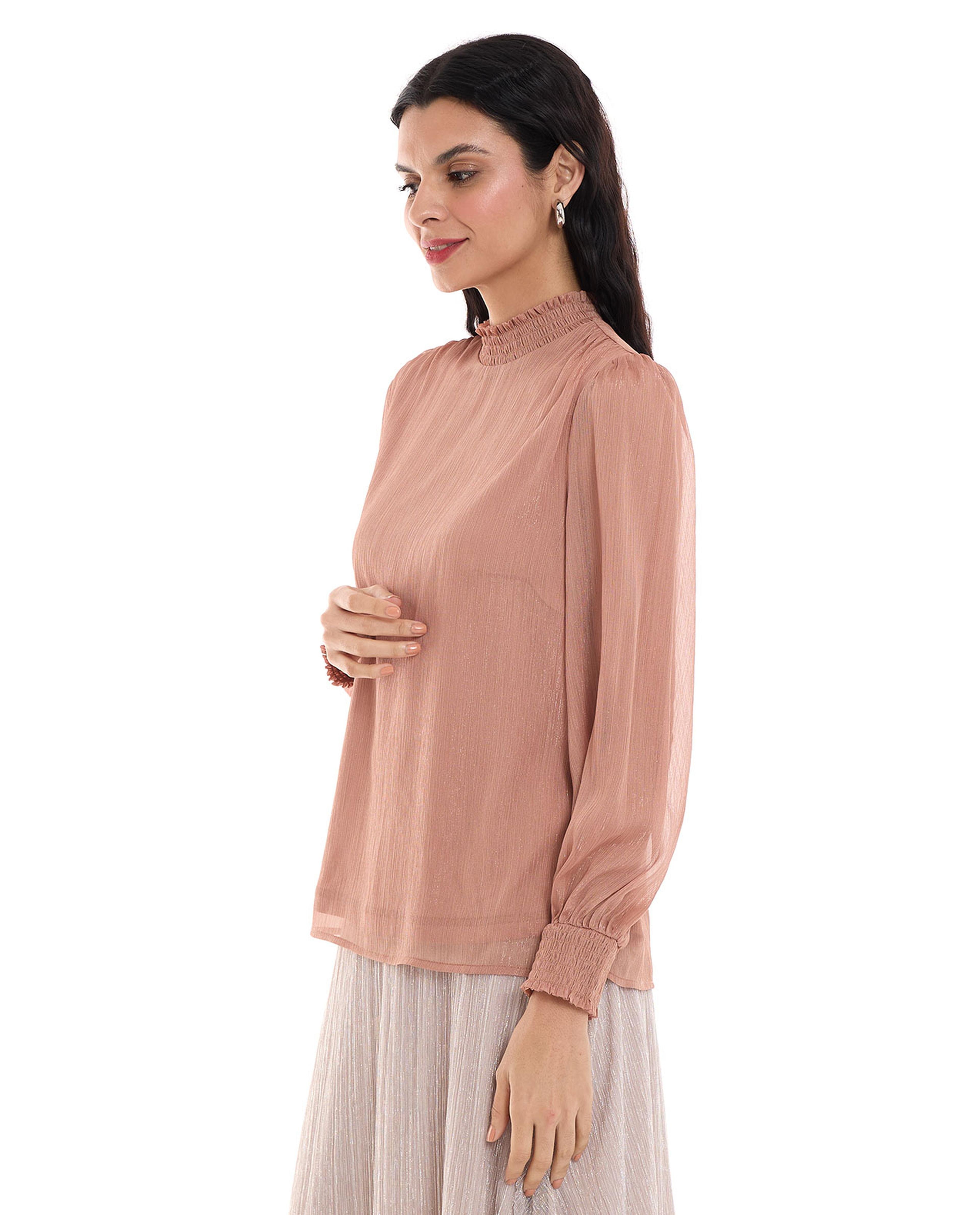 Shimmer Top with Mock Neck and Bishop Sleeves