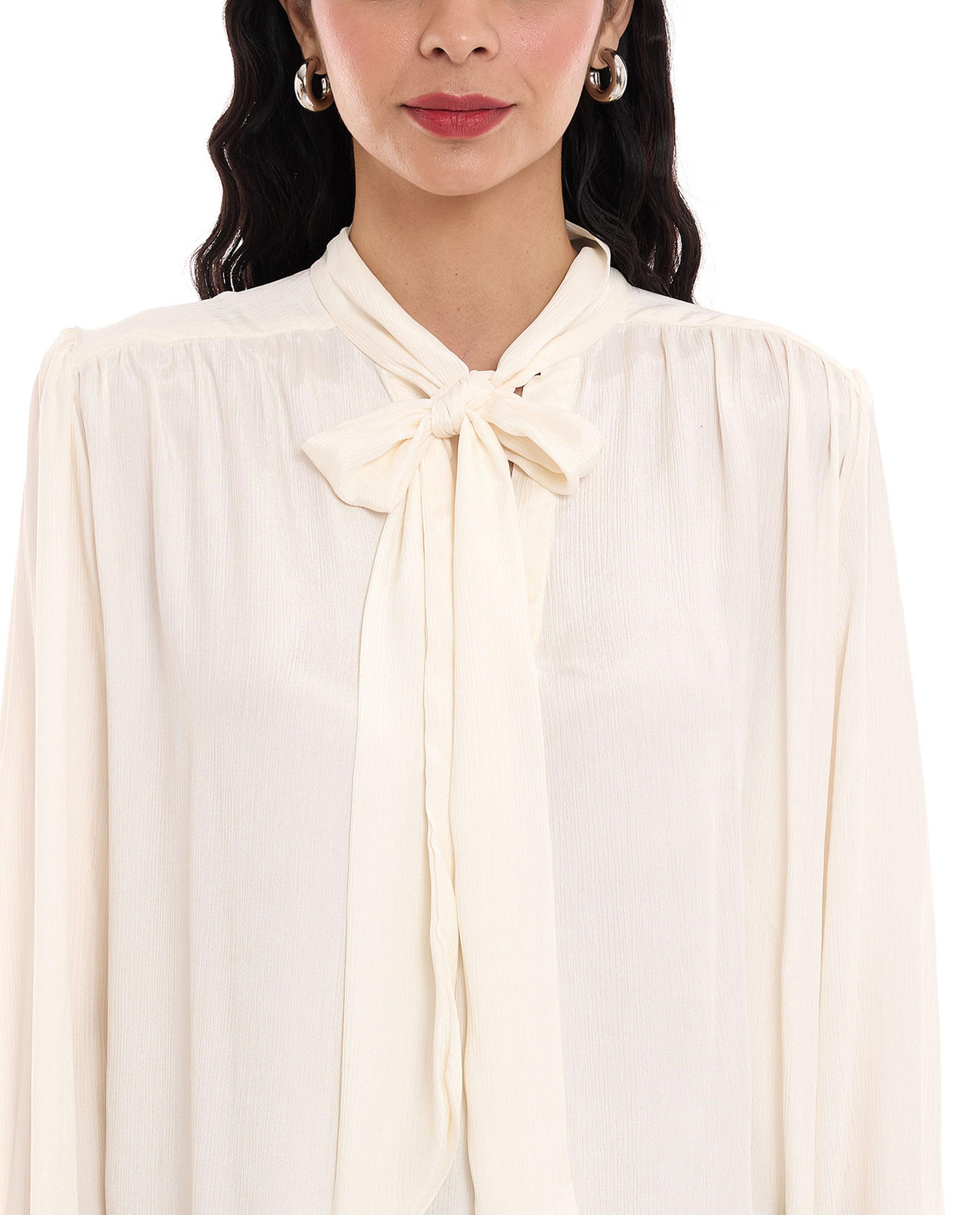 Textured Top with Tie-Up Neck and Long Sleeves