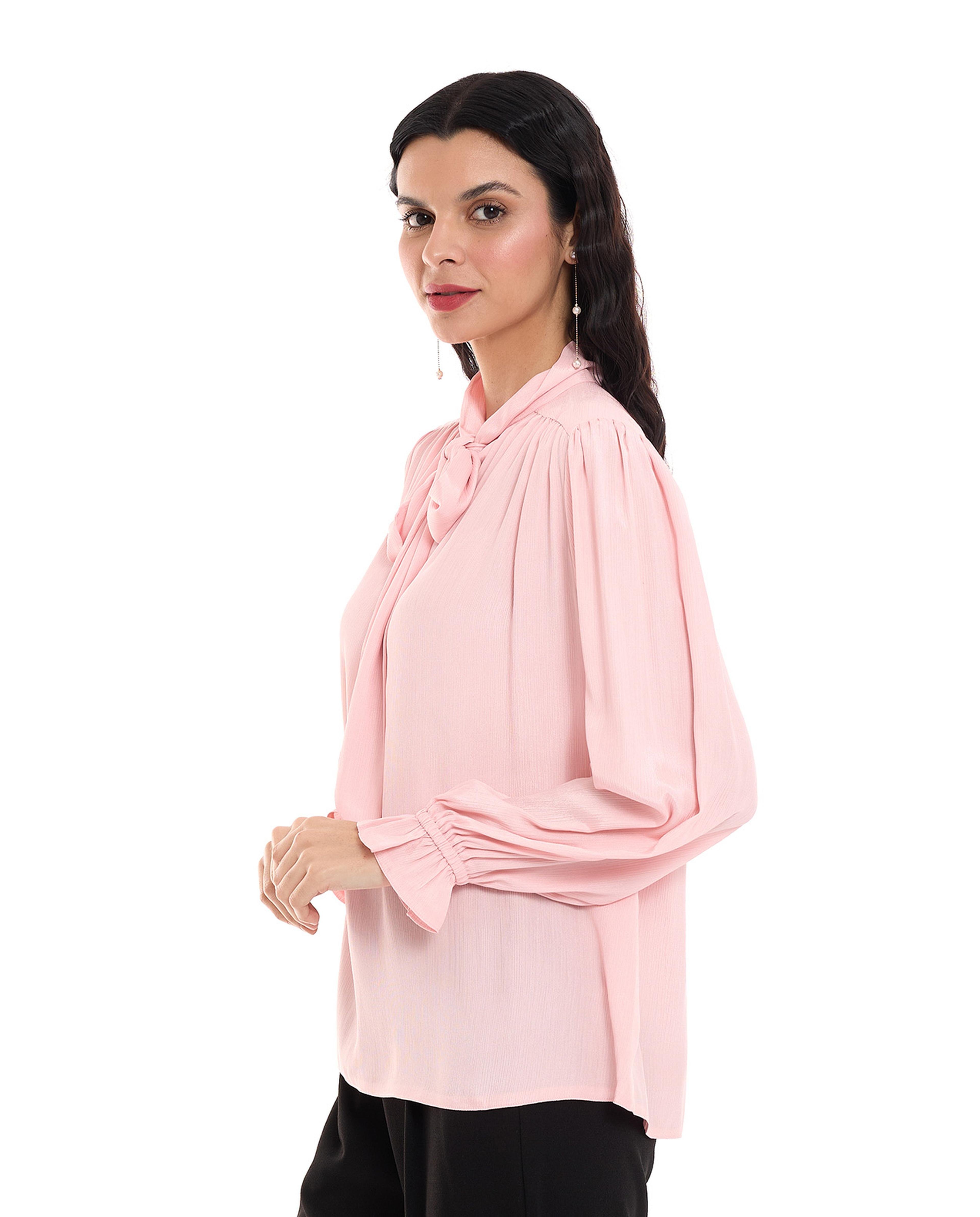 Textured Top with Tie-Up Neck and Long Sleeves