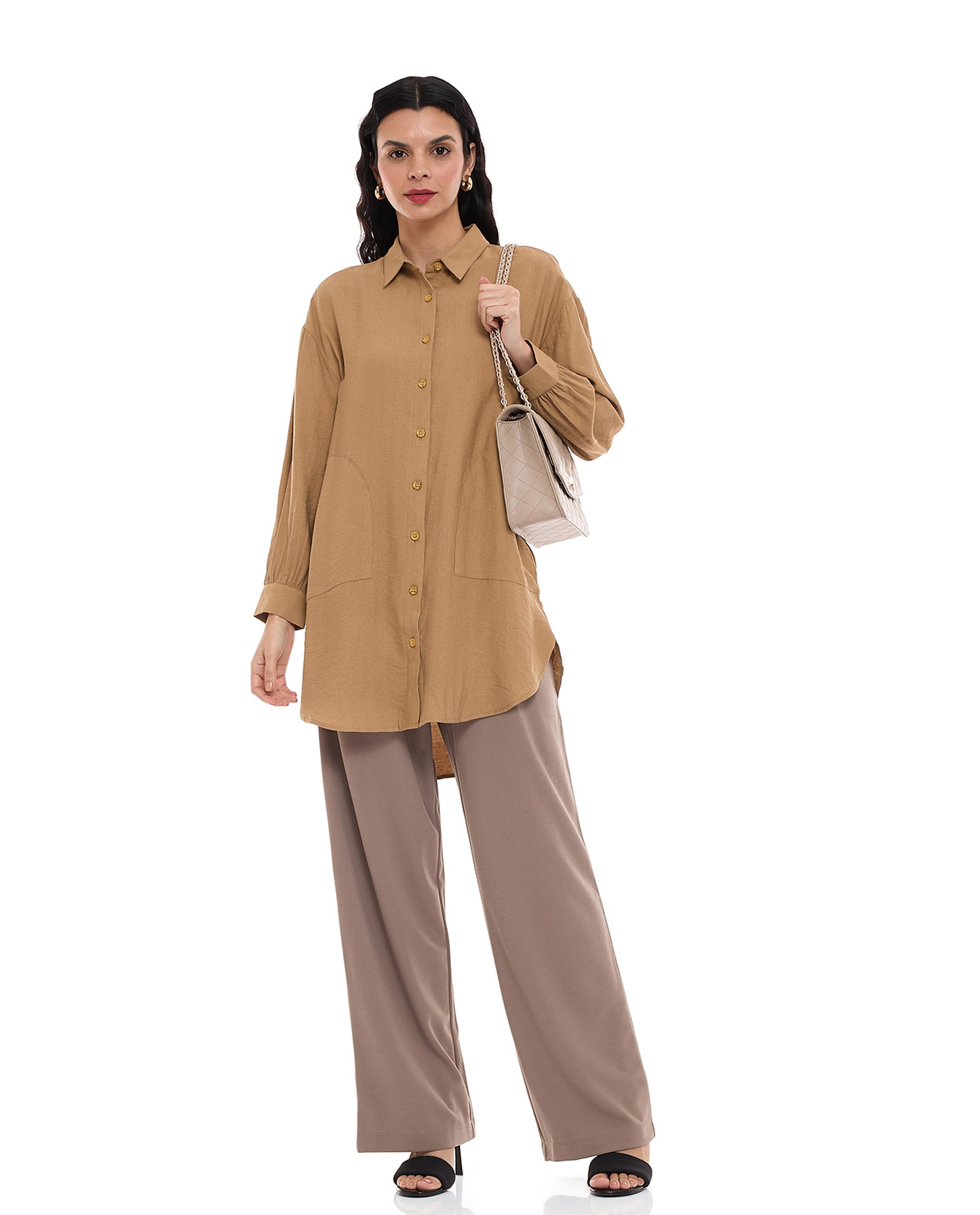 Solid Tunic with Classic Collar and Long Sleeves