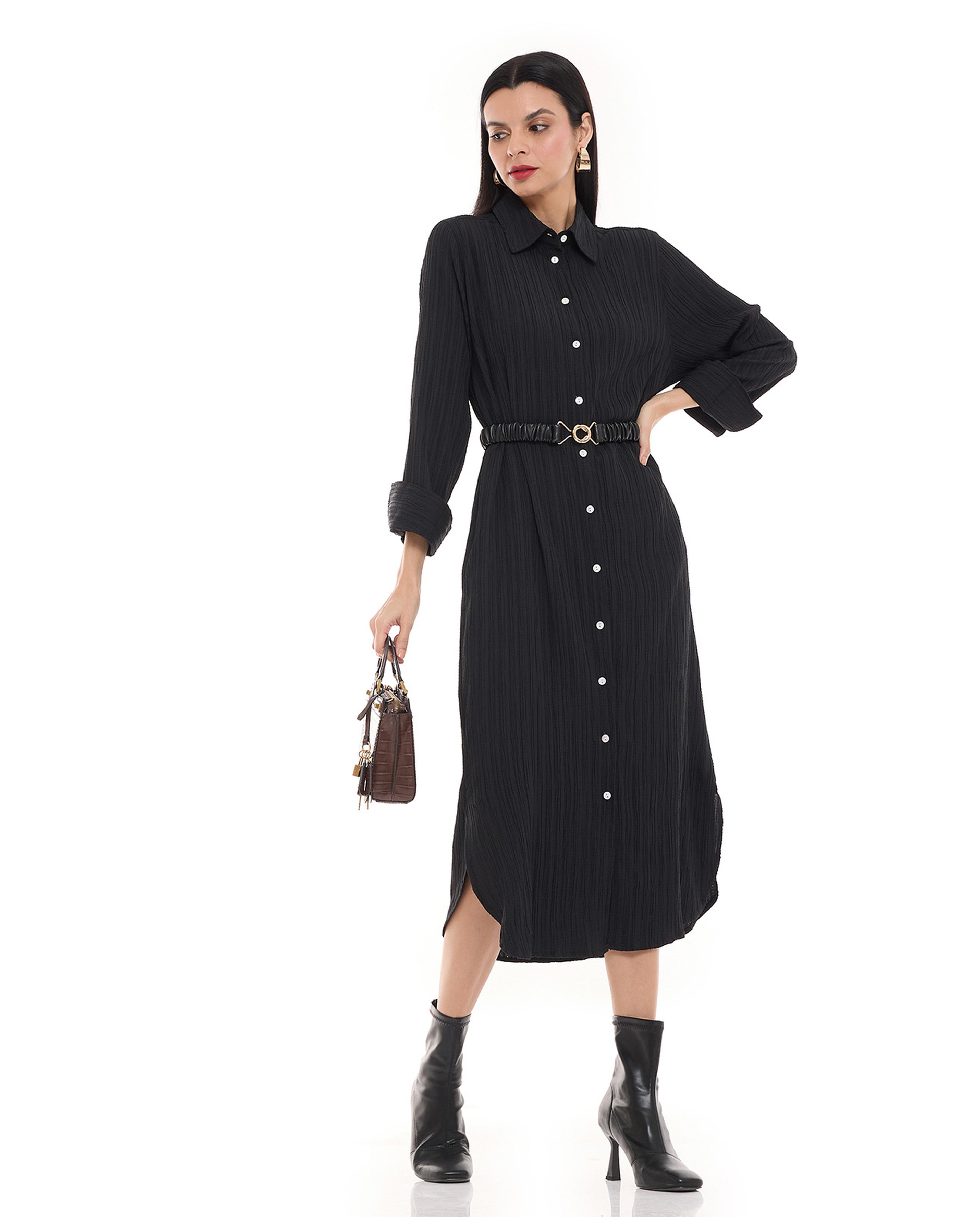 Crinkled Shirt Dress with Classic Collar and Long Sleeves