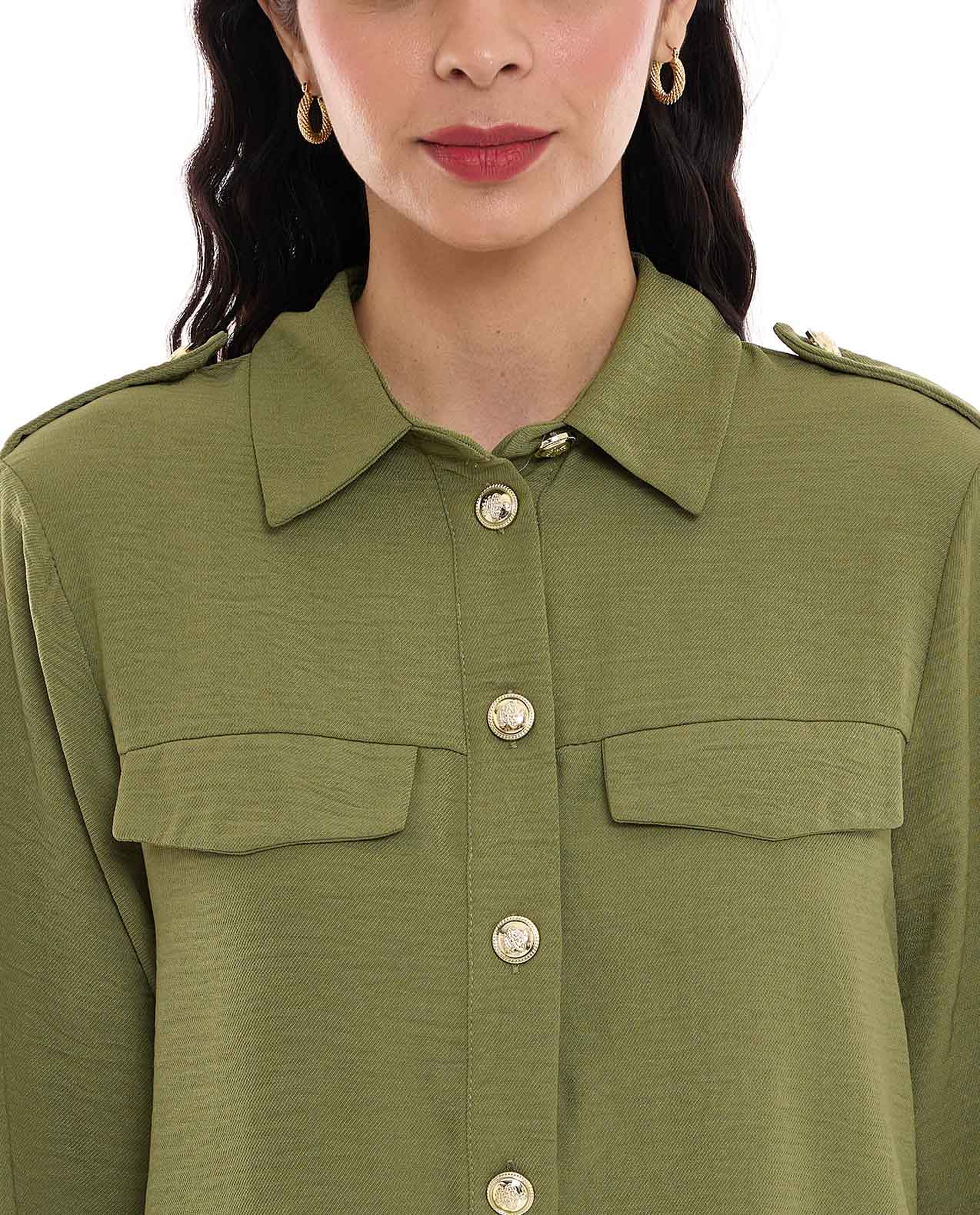 Button Detail Shirt with Classic Collar and Long Sleeves