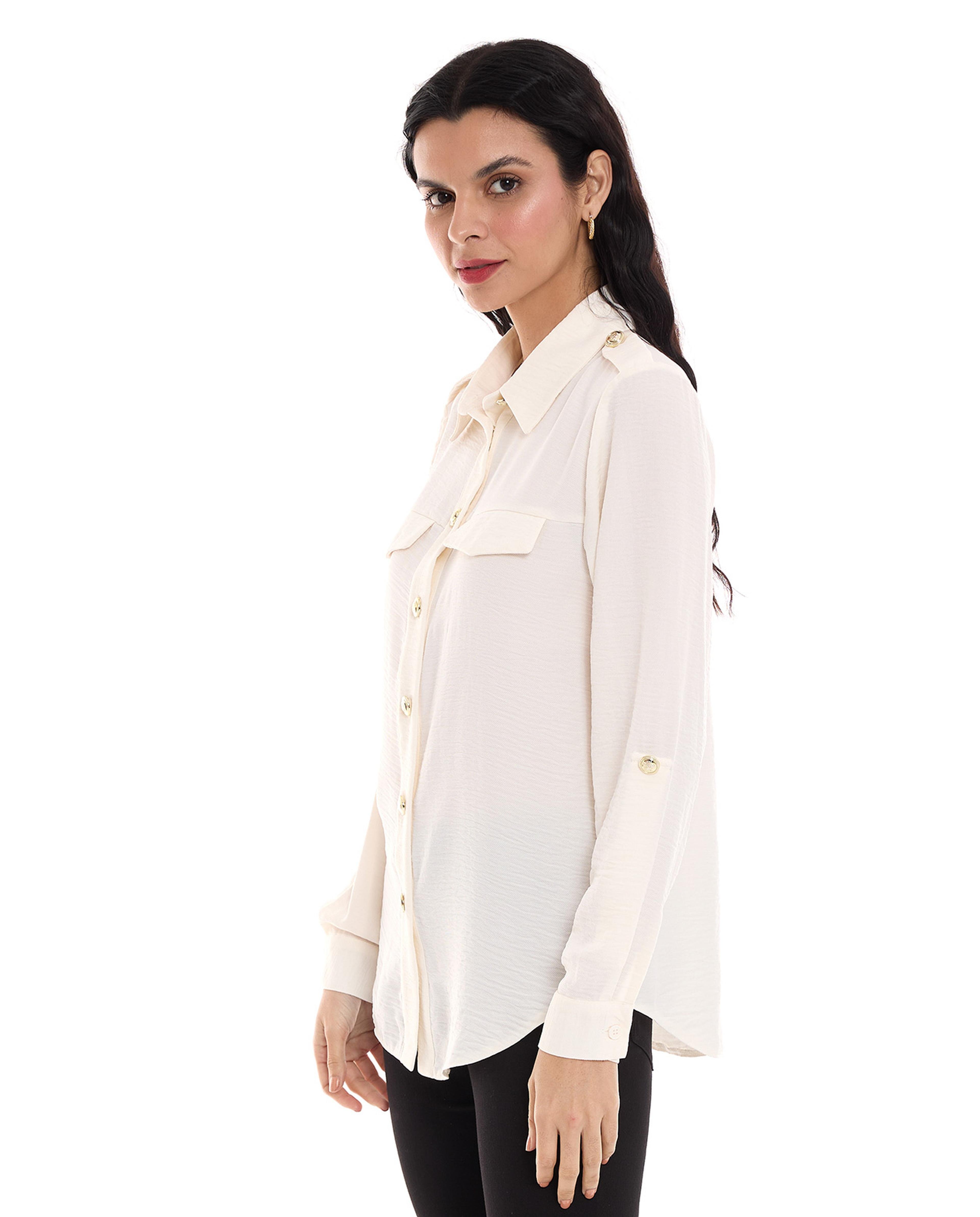 Button Detail Shirt with Classic Collar and Long Sleeves