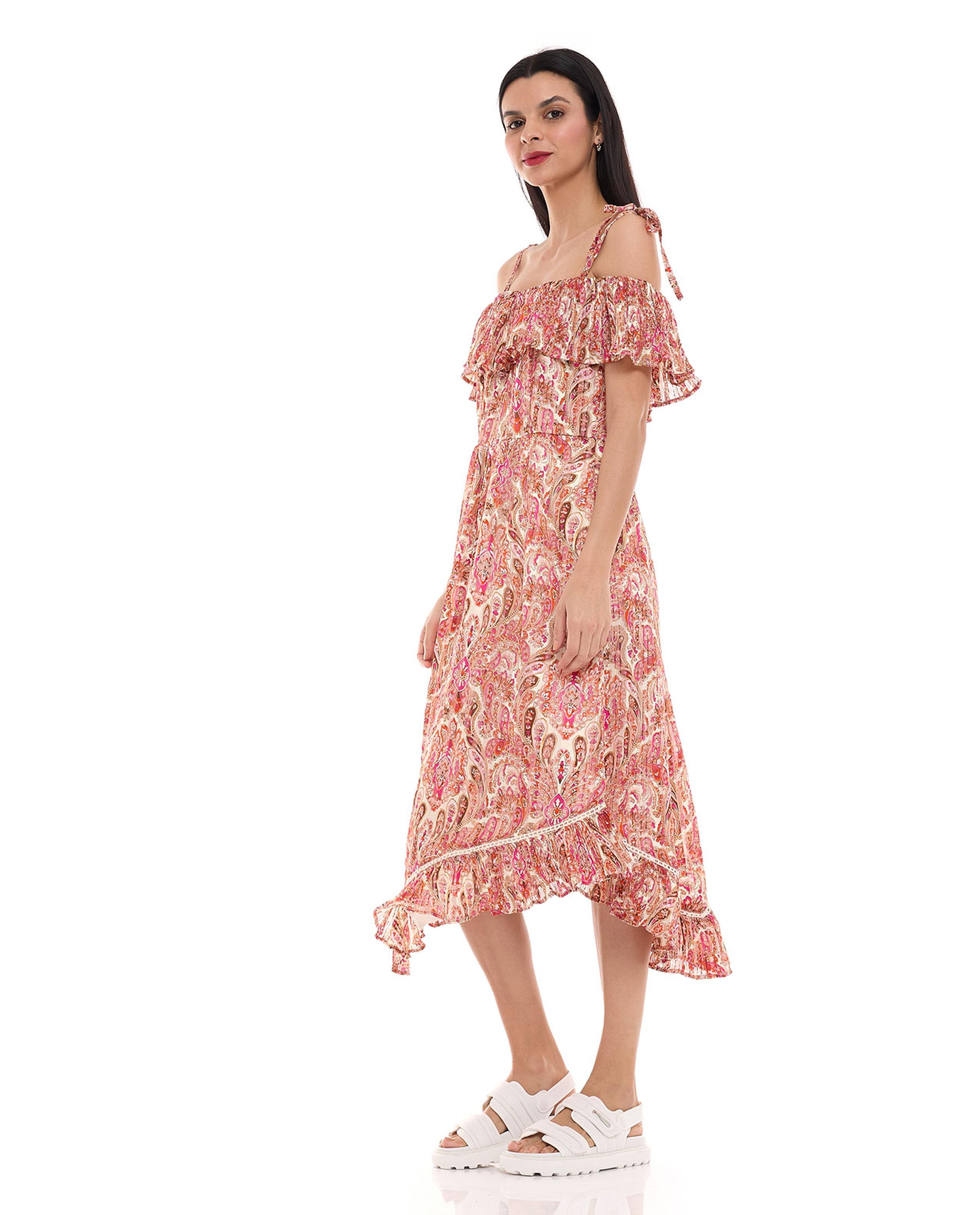 Patterned Asymmetric Dress with Off Shoulder