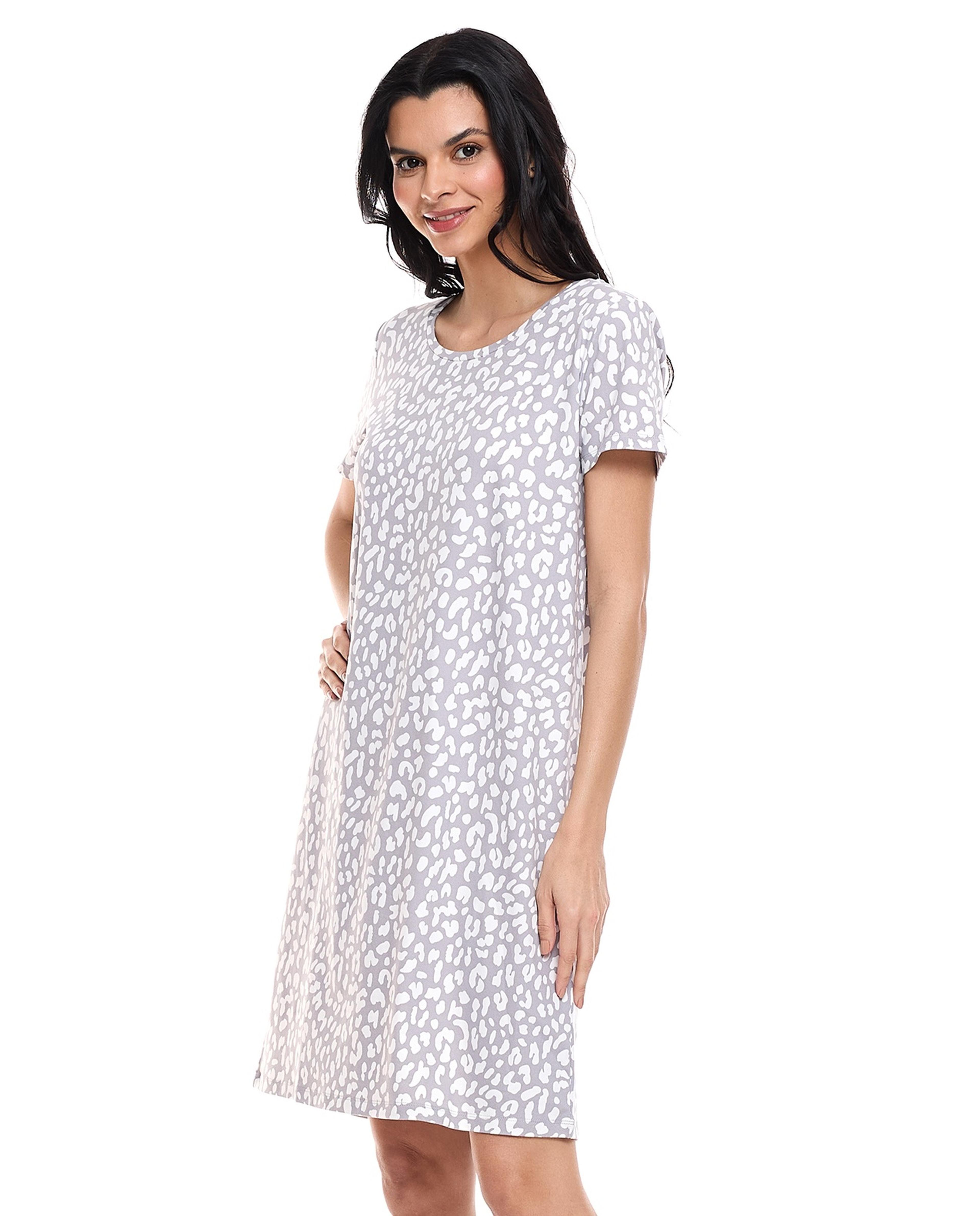 Animal Printed Nightdress with Crew Neck and Short Sleeves