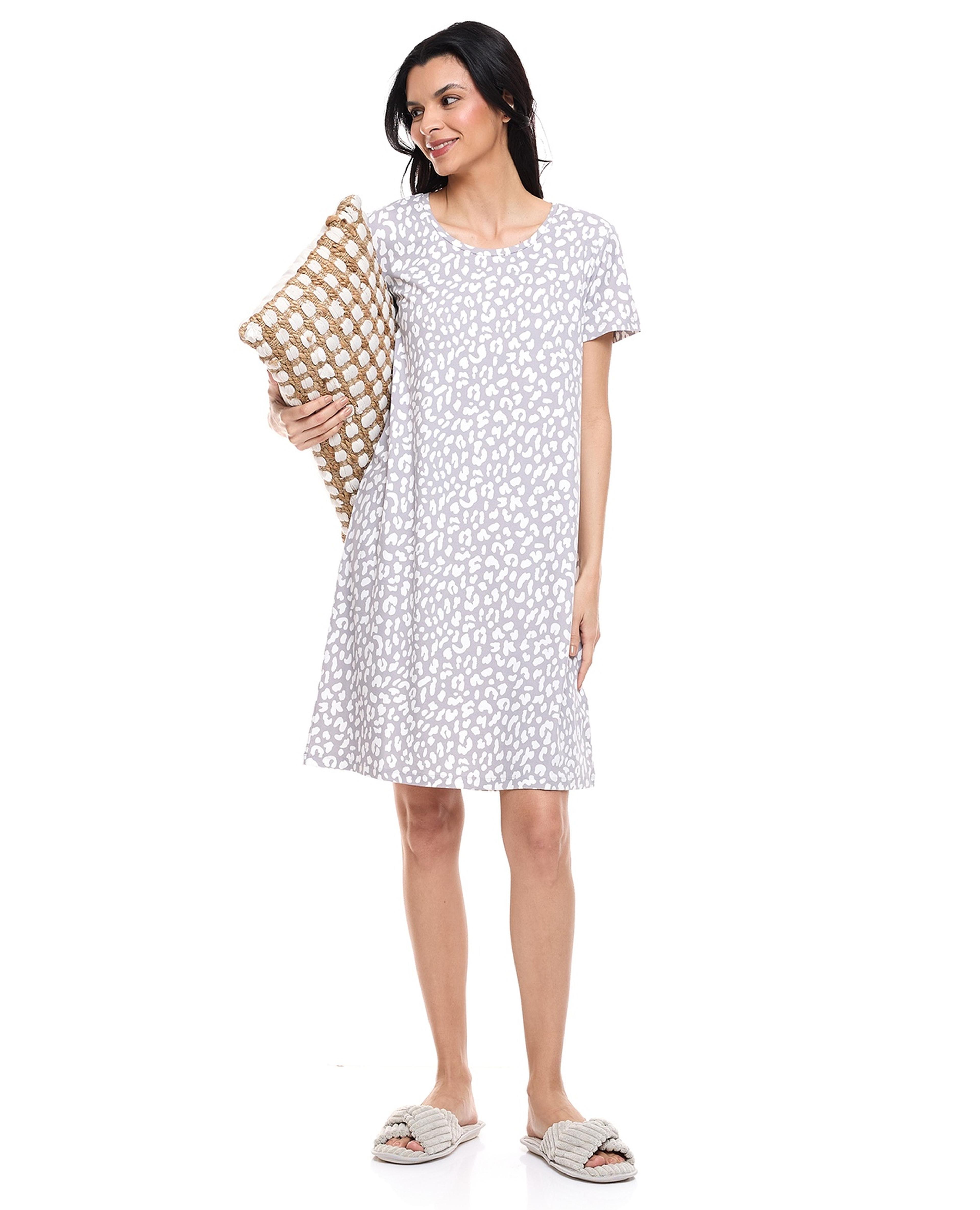 Animal Printed Nightdress with Crew Neck and Short Sleeves
