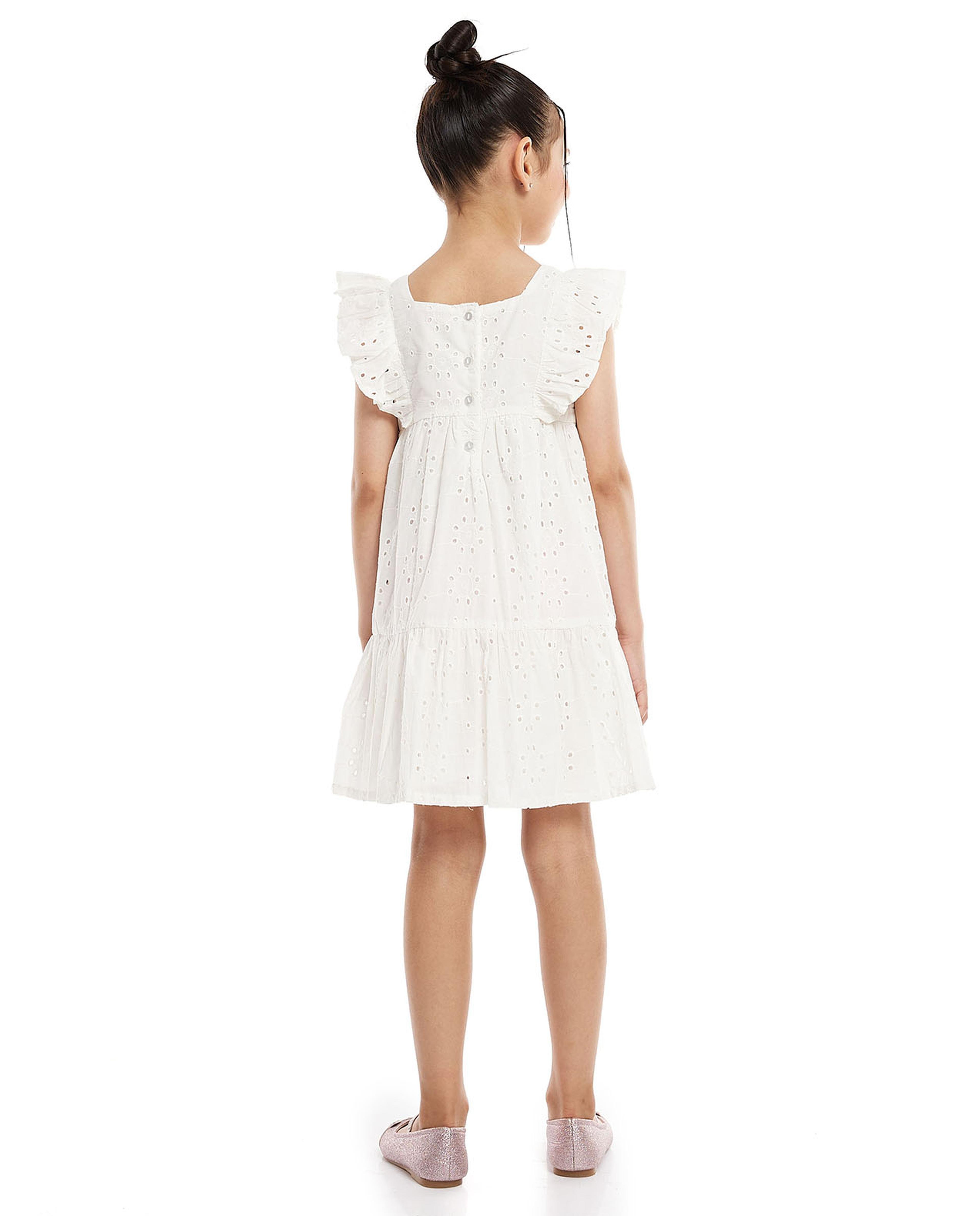 Schiffli Flared Dress with Square Neck and Flutter Sleeves