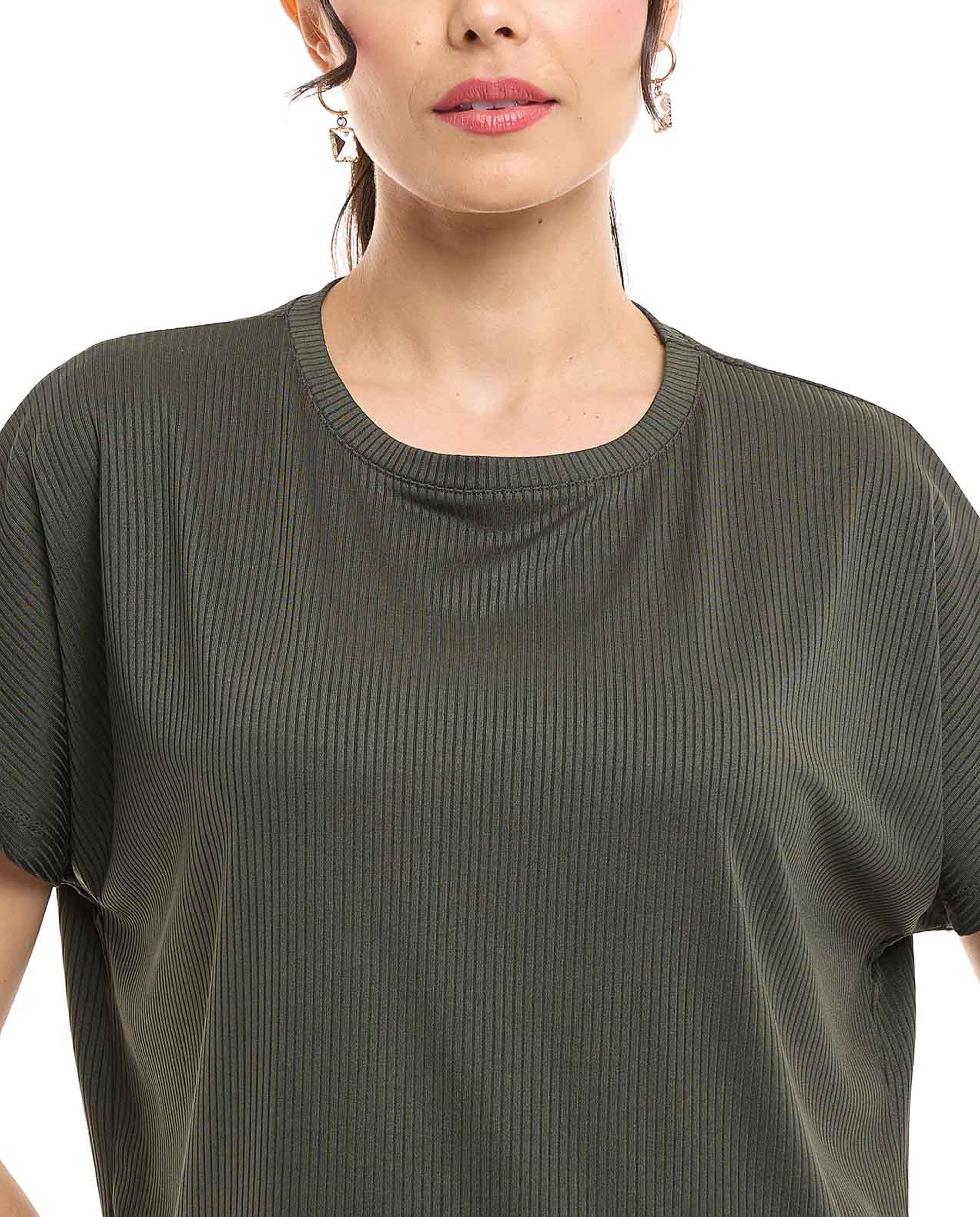 Ribbed Top with Crew Neck and Short Sleeves