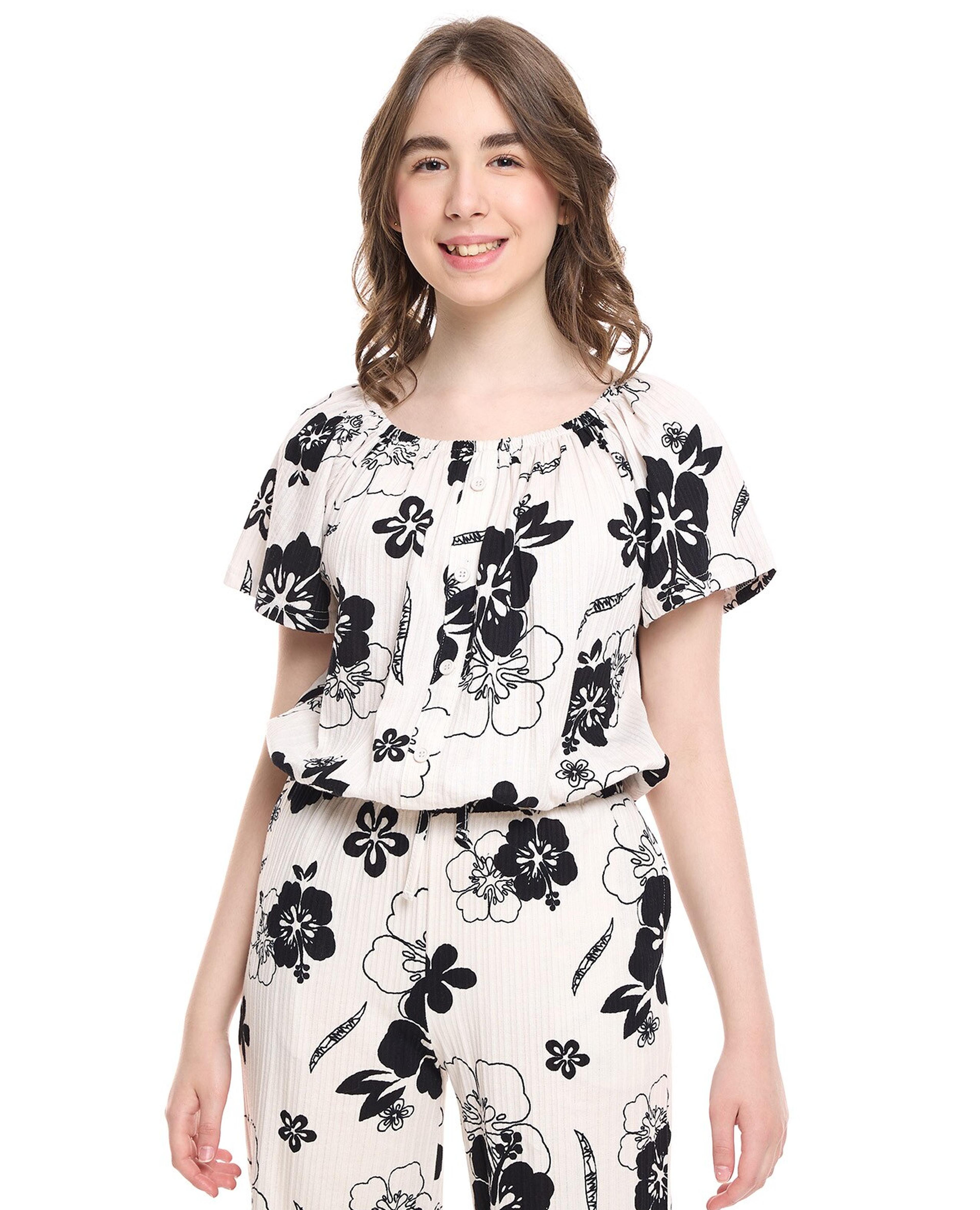 Floral Printed Top with Round Neck and Short Sleeves