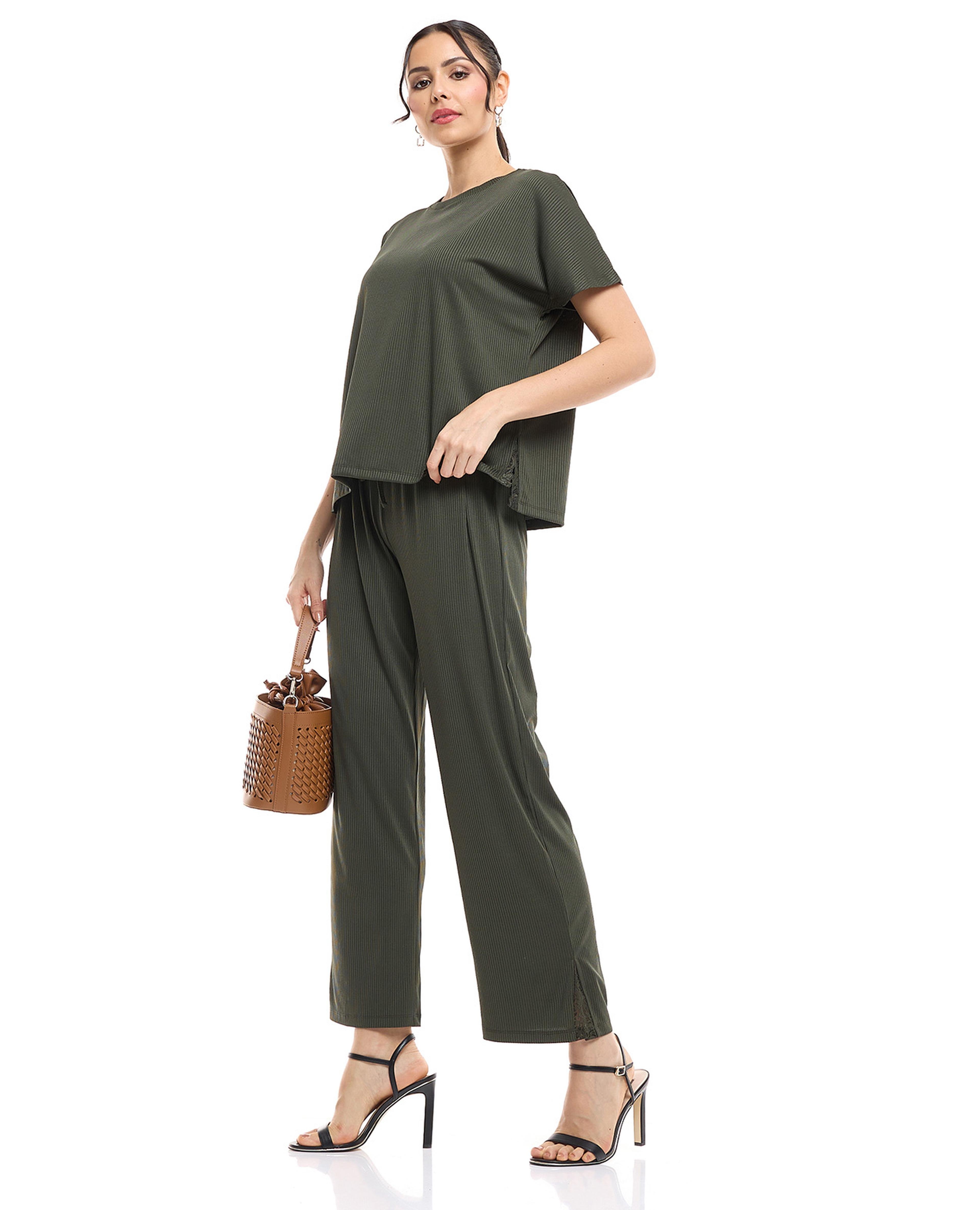 Ribbed Wide Leg Pants with Drawstring Waist