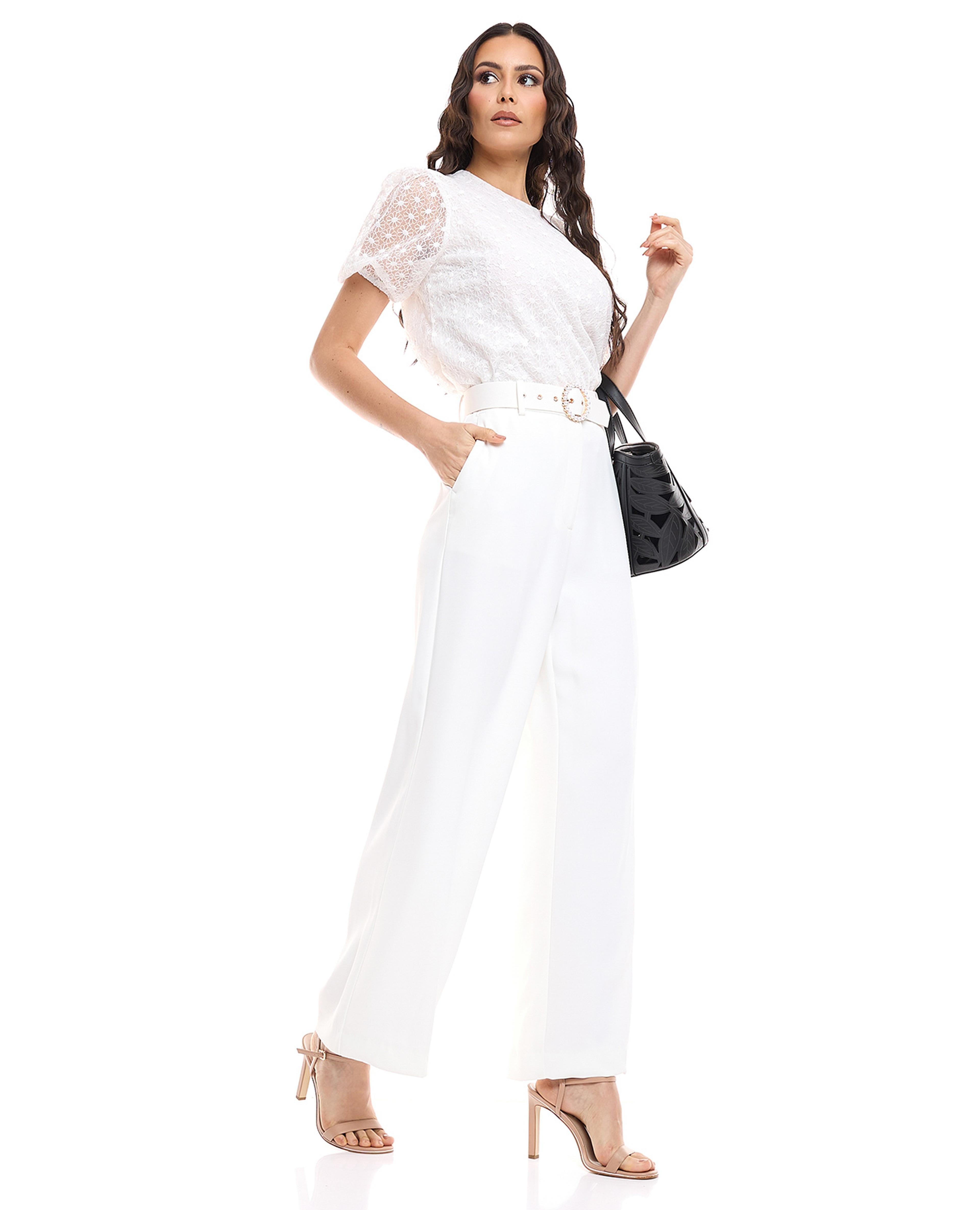 Pearl Embellished Belted Wide Leg Trousers