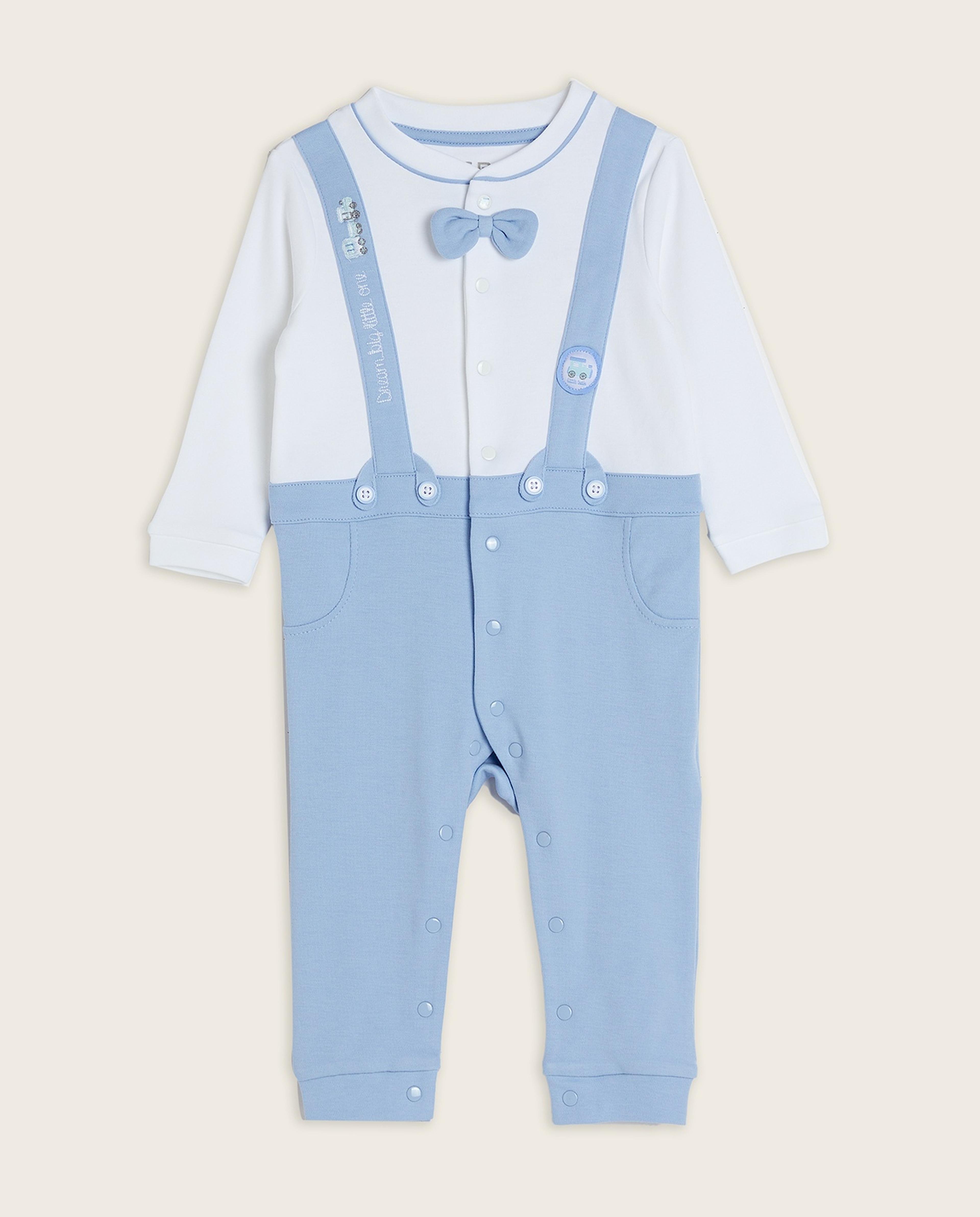 Dungaree Patterned Sleepsuit with Crew Neck and Long Sleeves