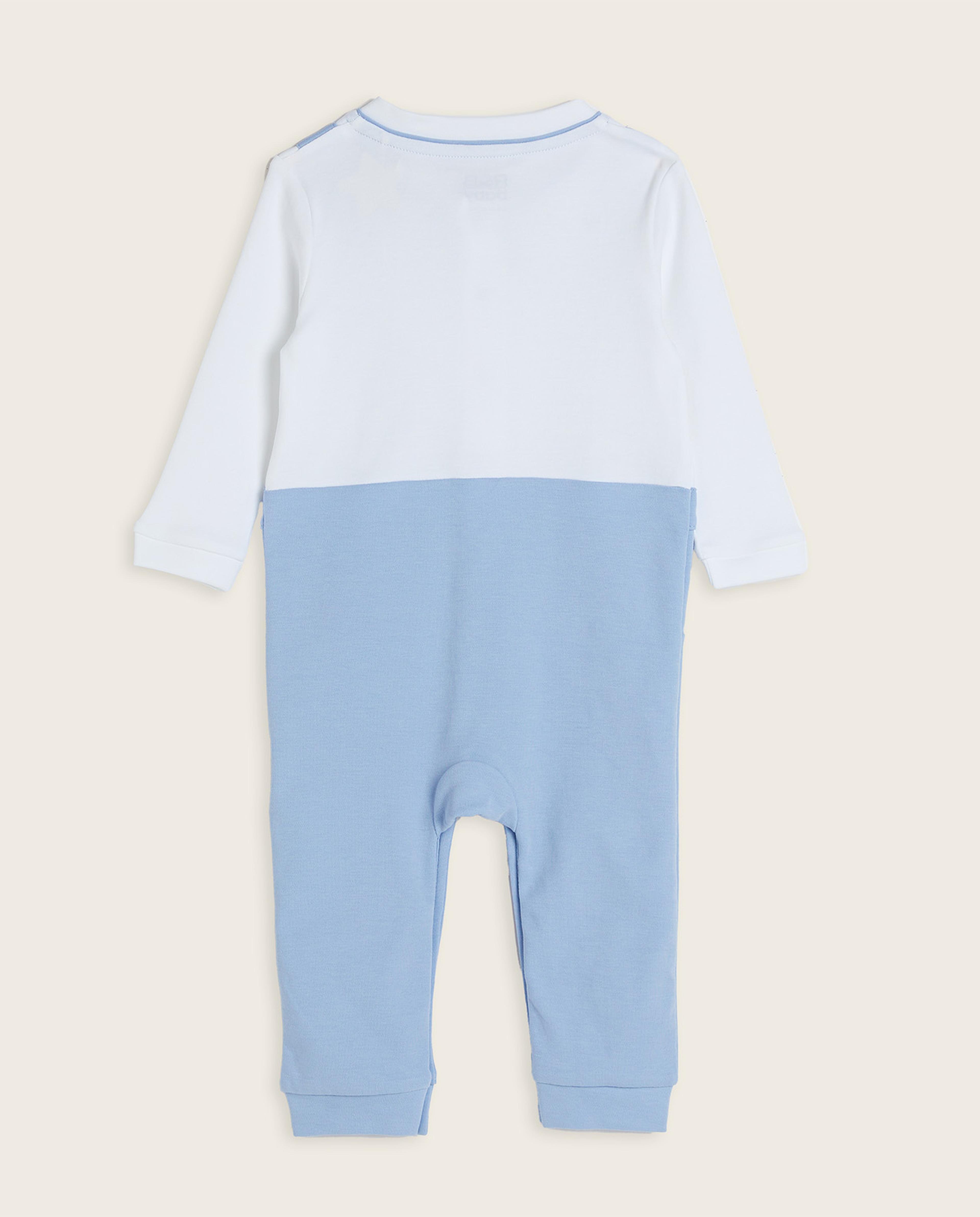 Dungaree Patterned Sleepsuit with Crew Neck and Long Sleeves