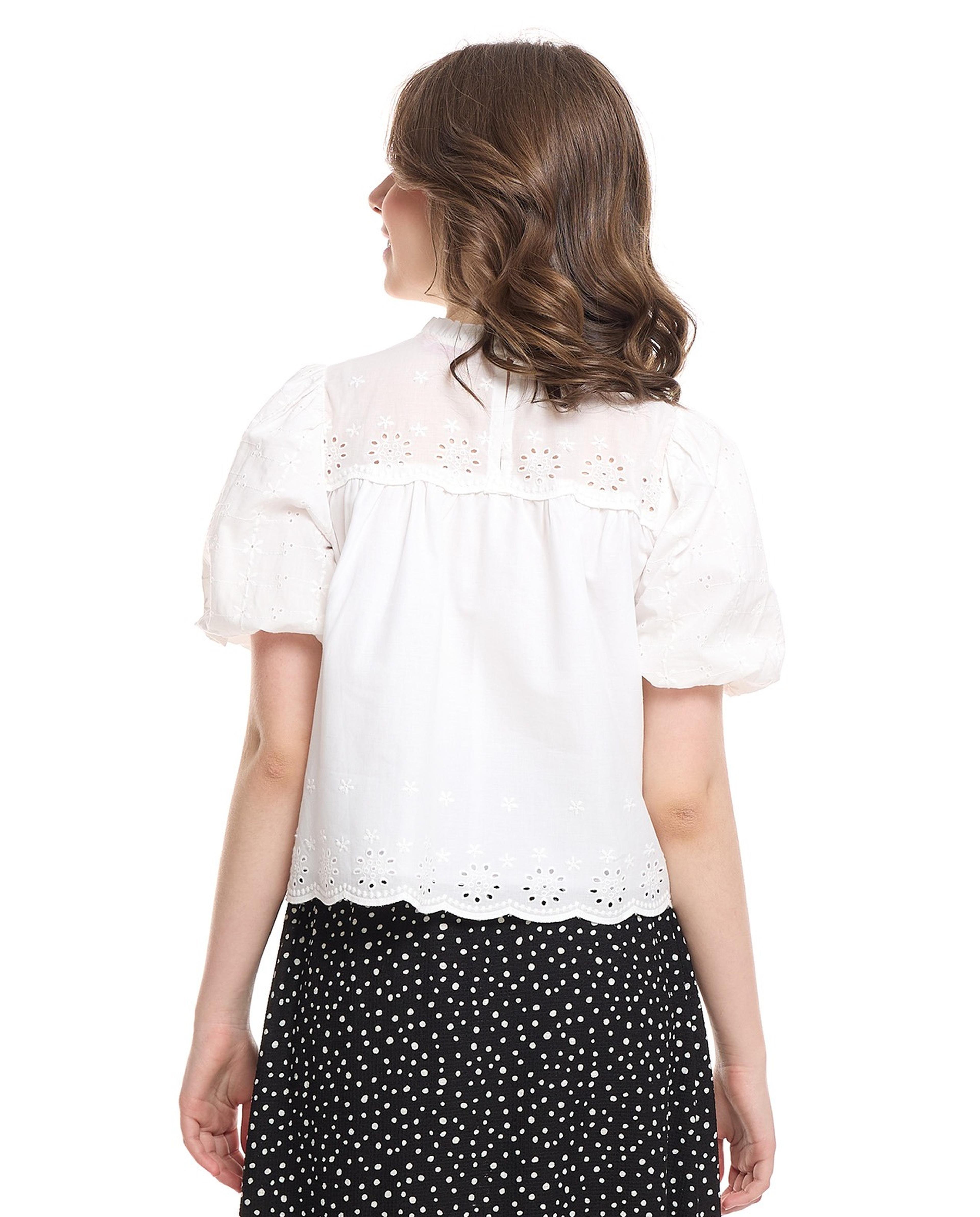 Schiffli Top with Mock Neck and Puff Sleeves