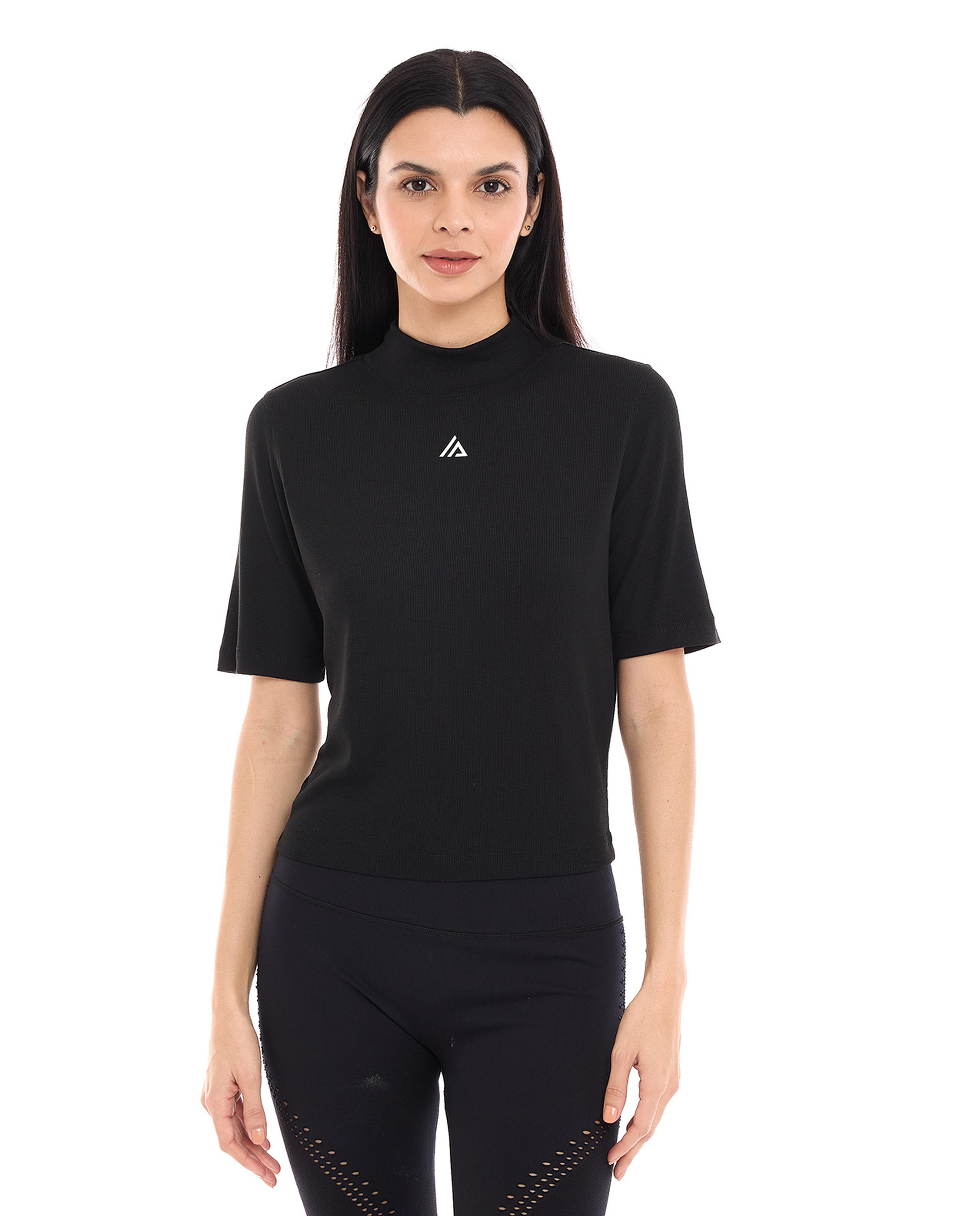 Ribbed Active Top with Mock Neck and Short Sleeves