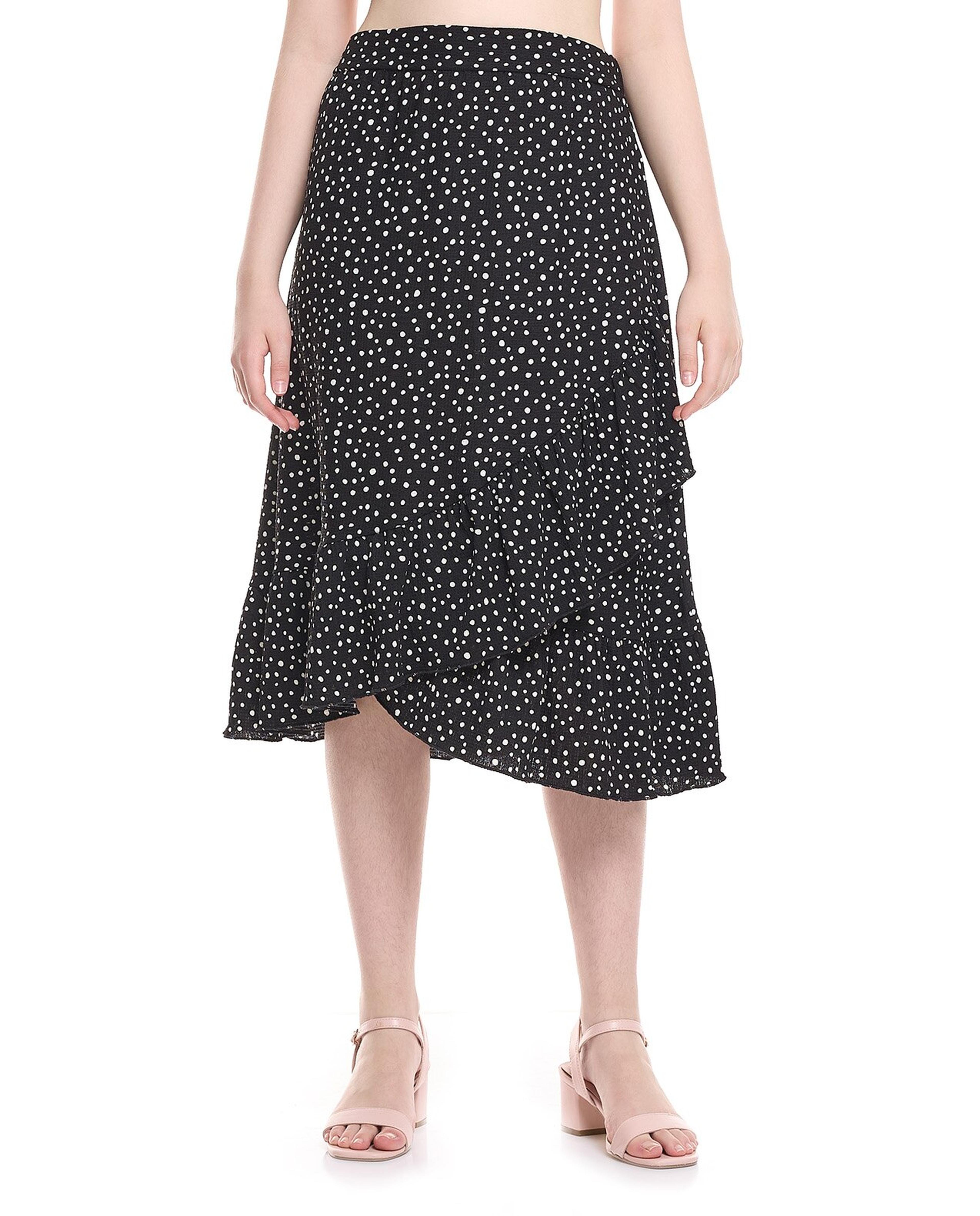 Patterned Elastic Waist Asymmetric Skirt