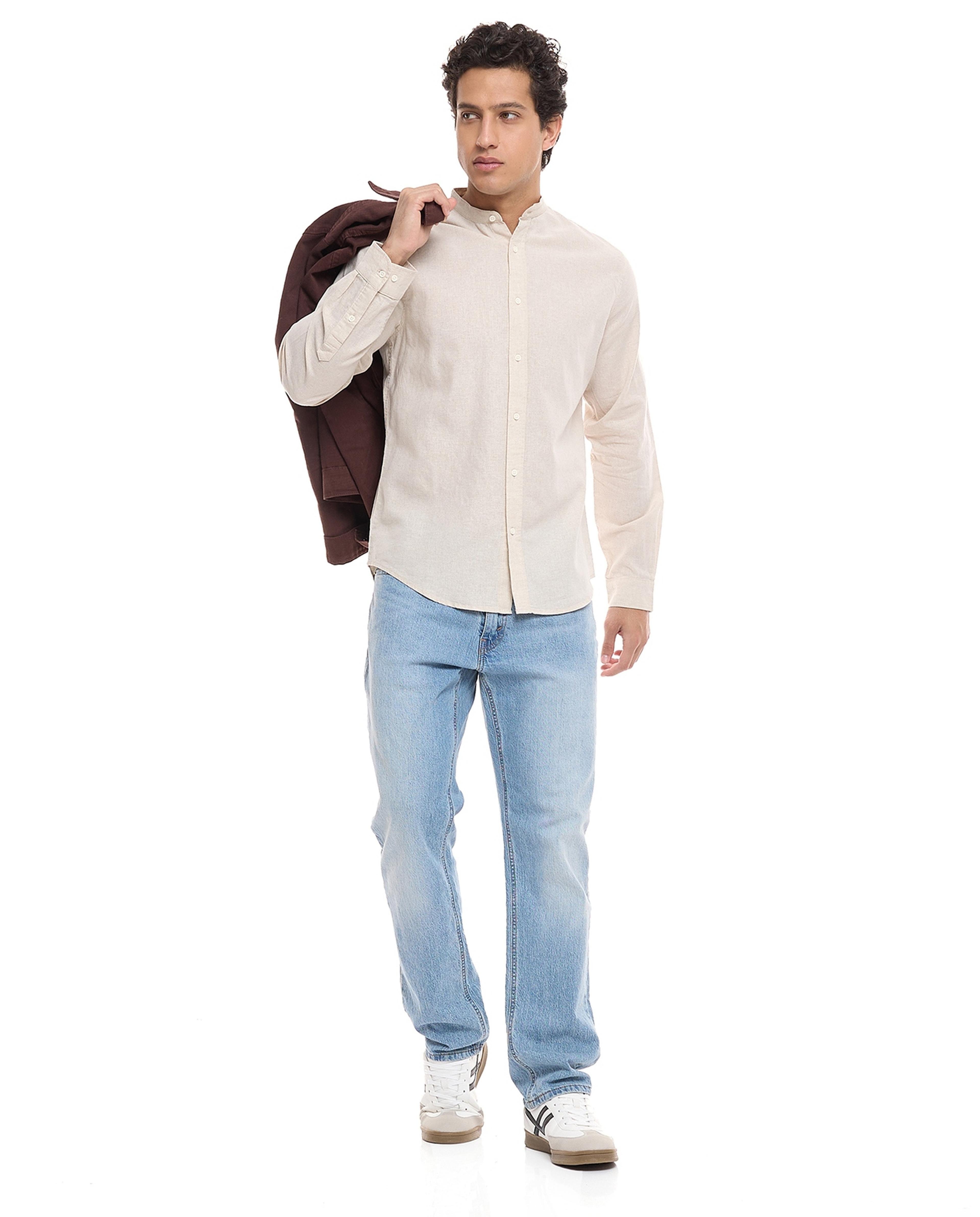 Solid Shirt with Mandarin Collar and Long Sleeves