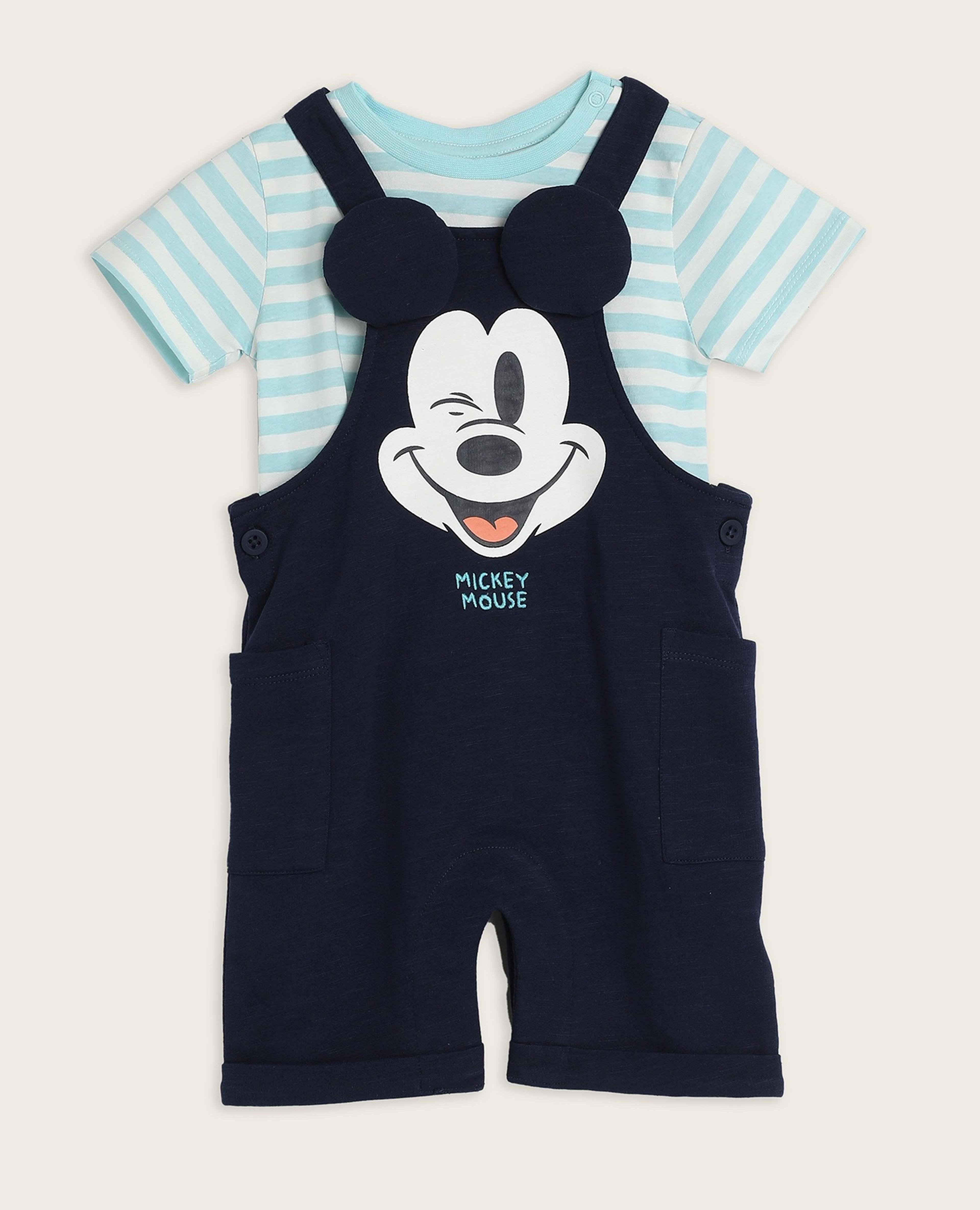 Mickey Mouse Printed Dungarees with Striped T-Shirt