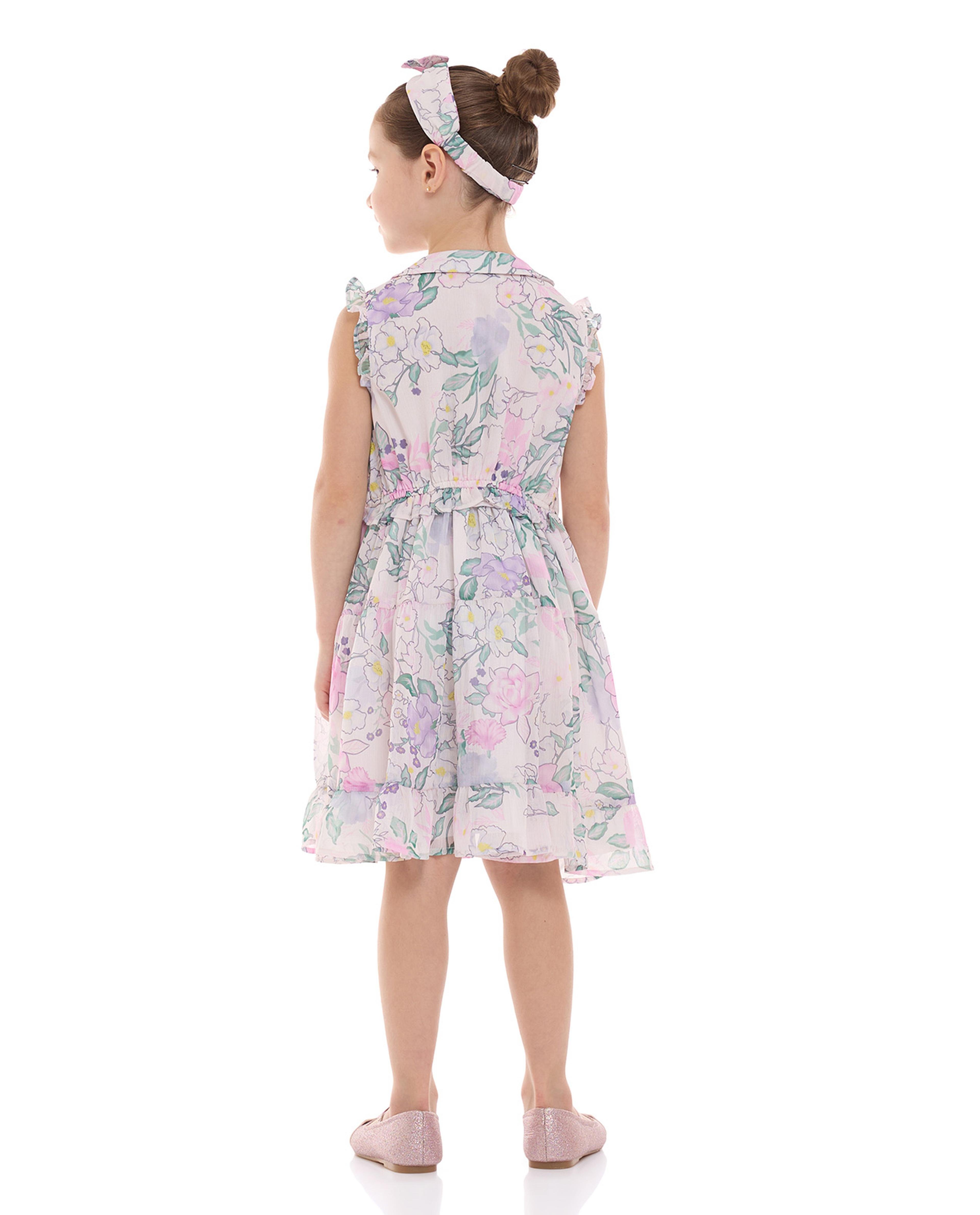 Floral Print Fit and Flare Dress with Baby Collar and Flutter Sleeves