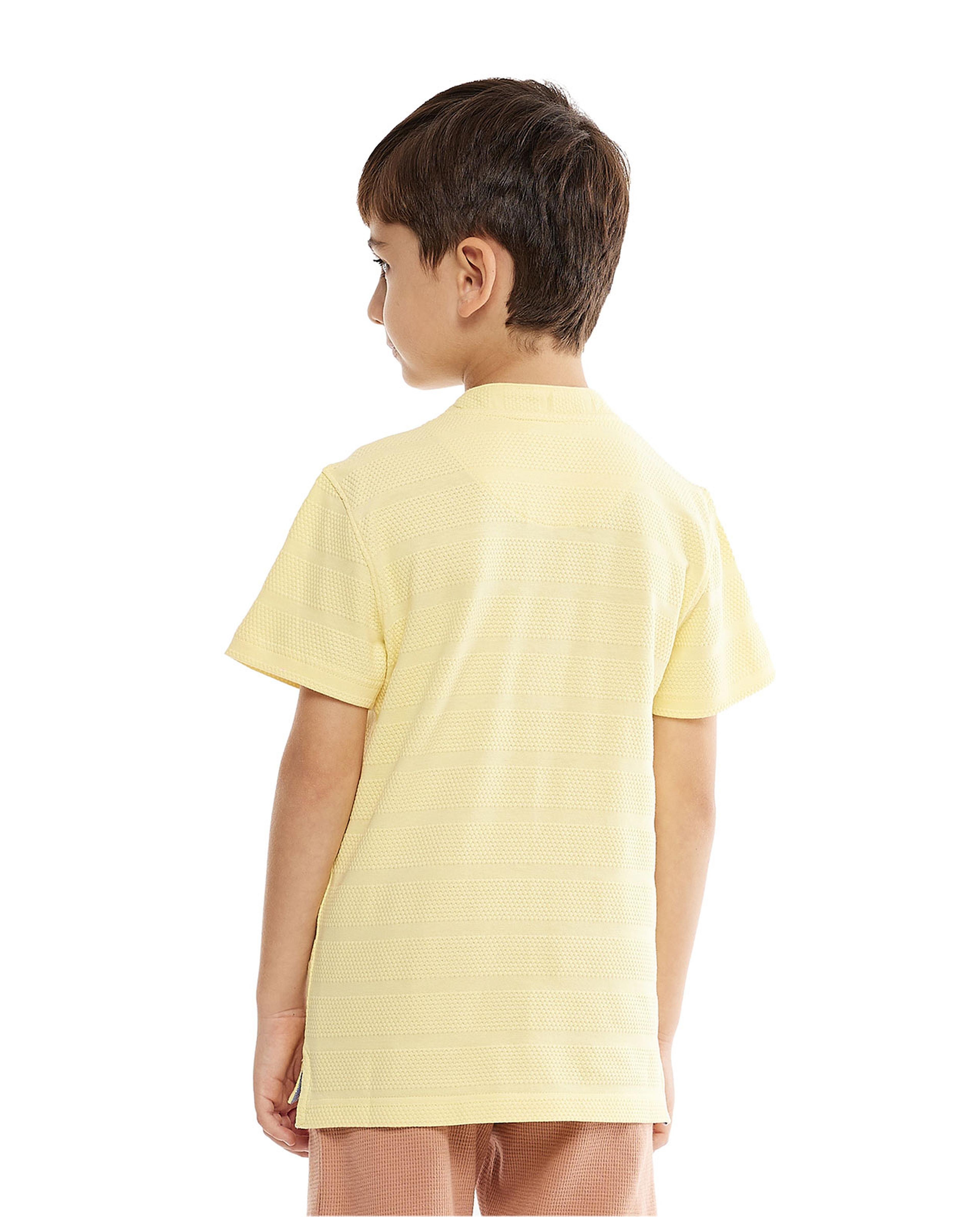 Textured T-Shirt with Mandarin Collar and Short Sleeves