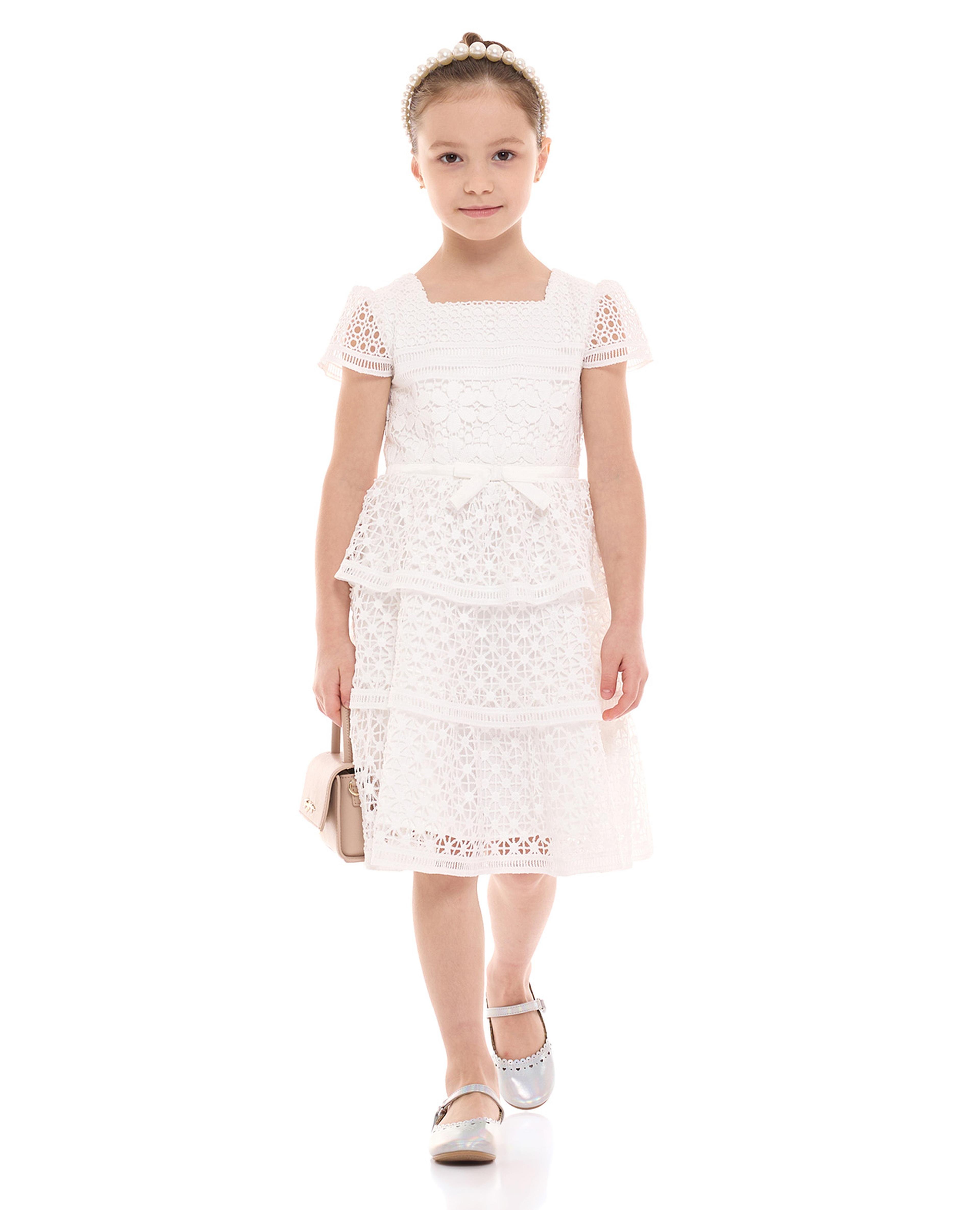 Lace Tiered Dress with Square Neck and Short Sleeves