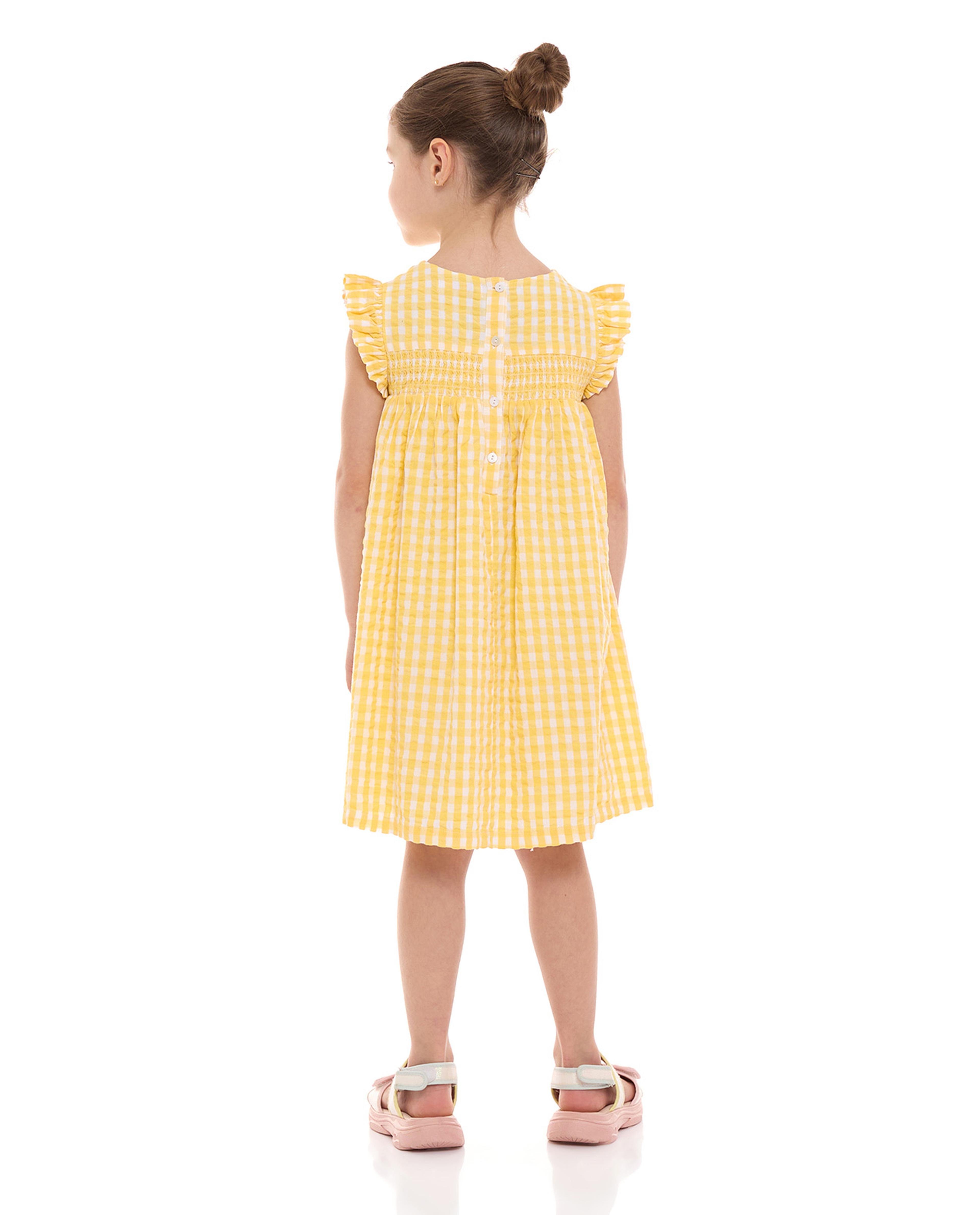 Gingham Patterned A-Line Dress with Crew Neck