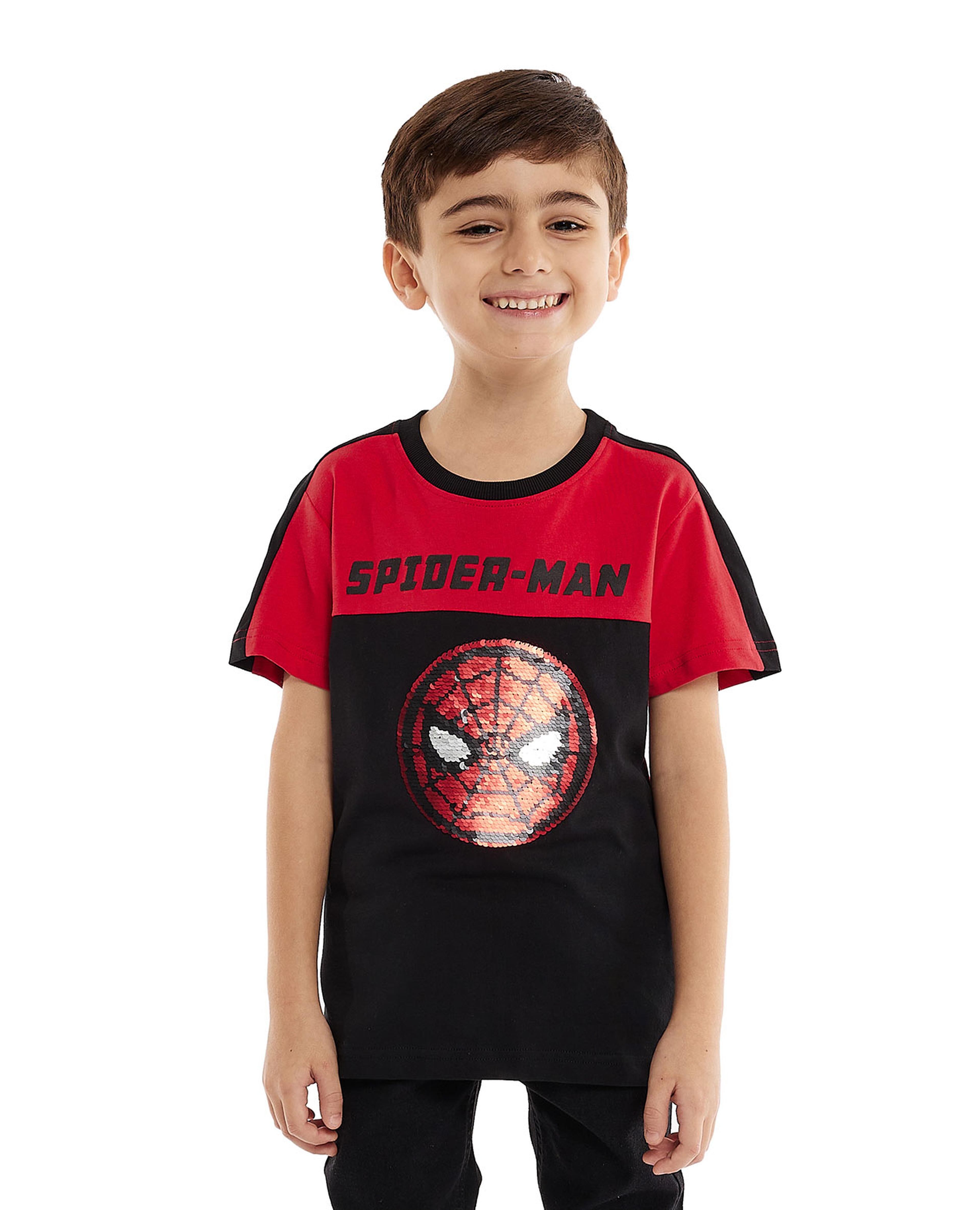 Spiderman Sequined T-Shirt with Crew Neck and Short Sleeves