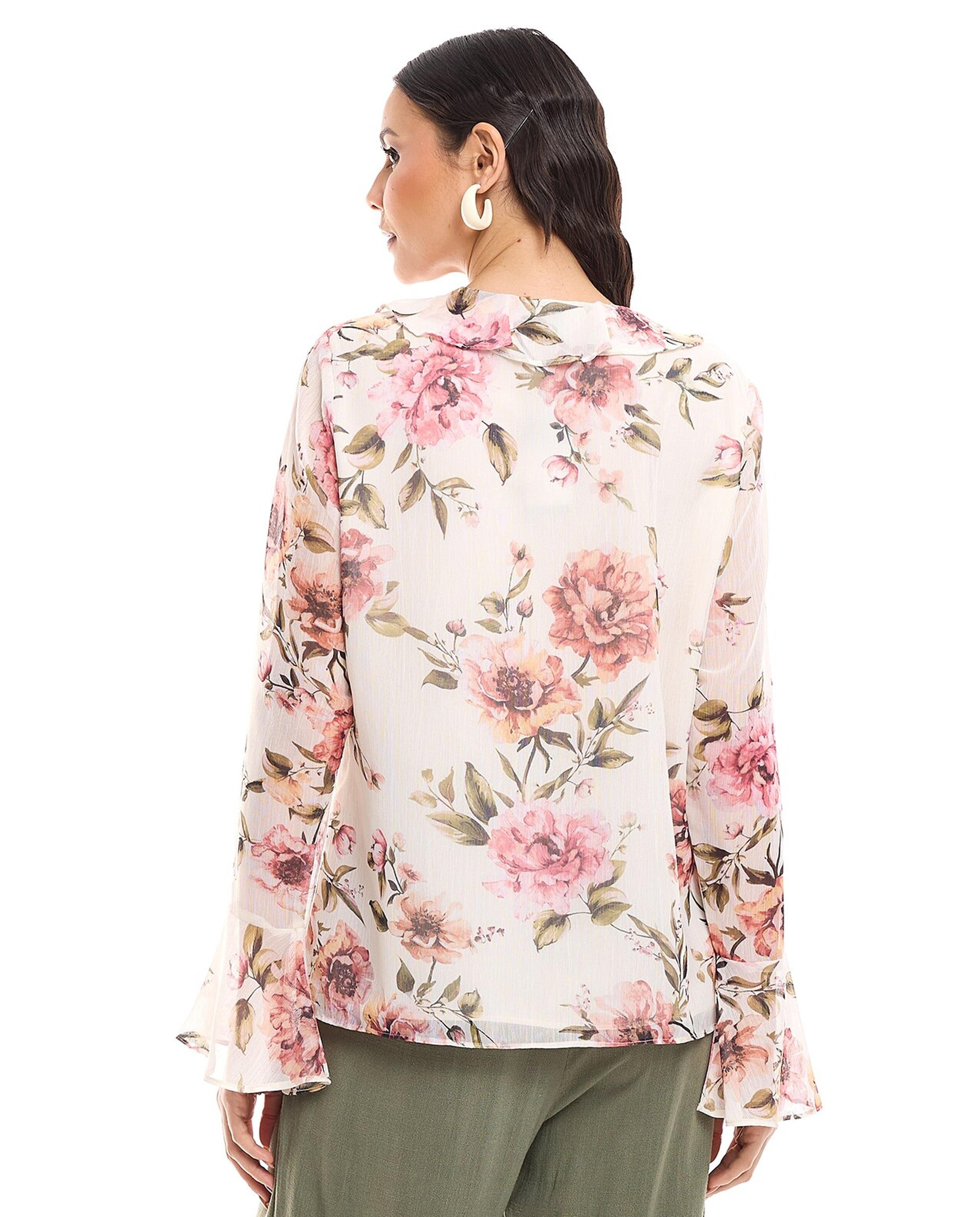 Floral Print Top with V-Neck and Flounce Sleeves