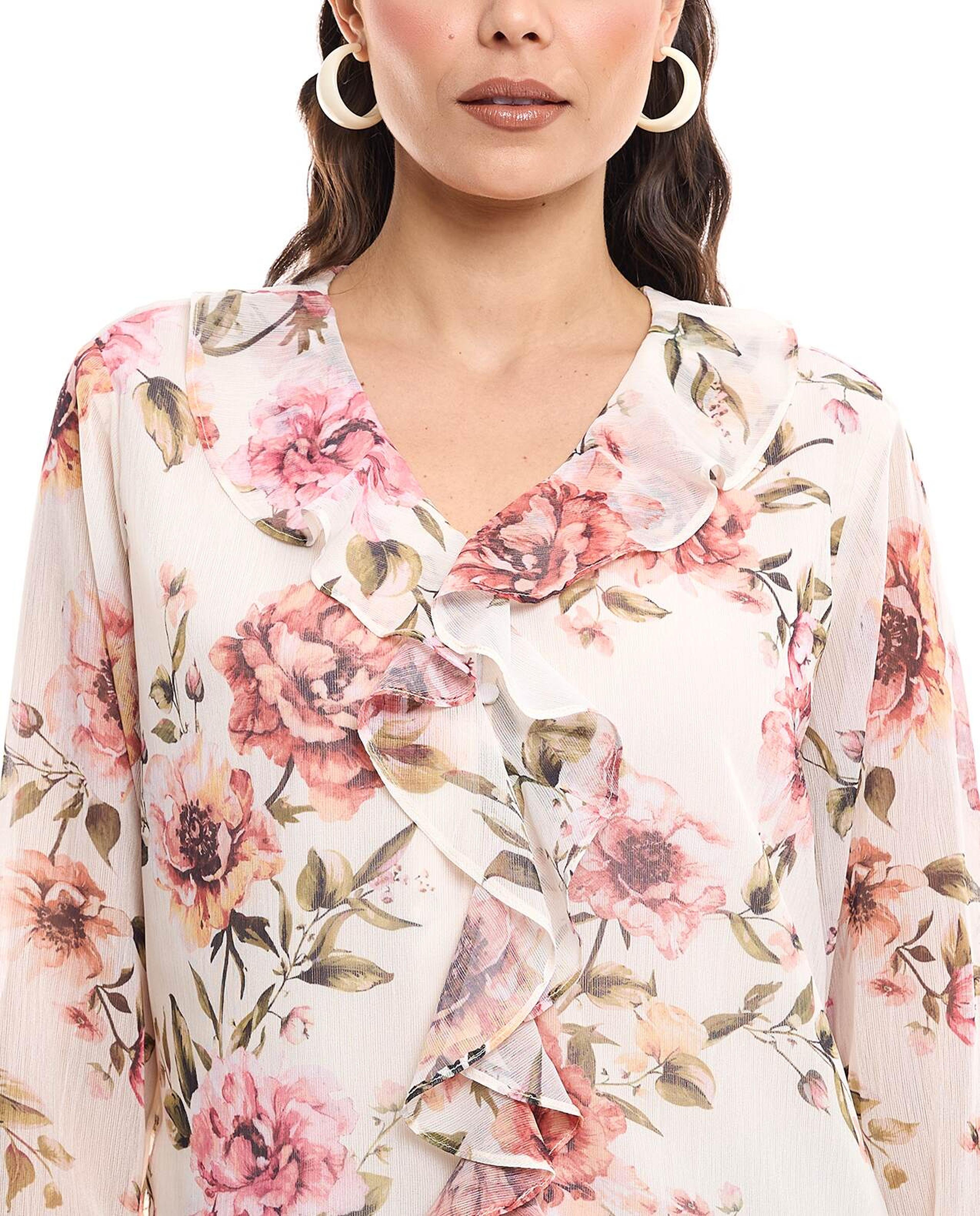 Floral Print Top with V-Neck and Flounce Sleeves