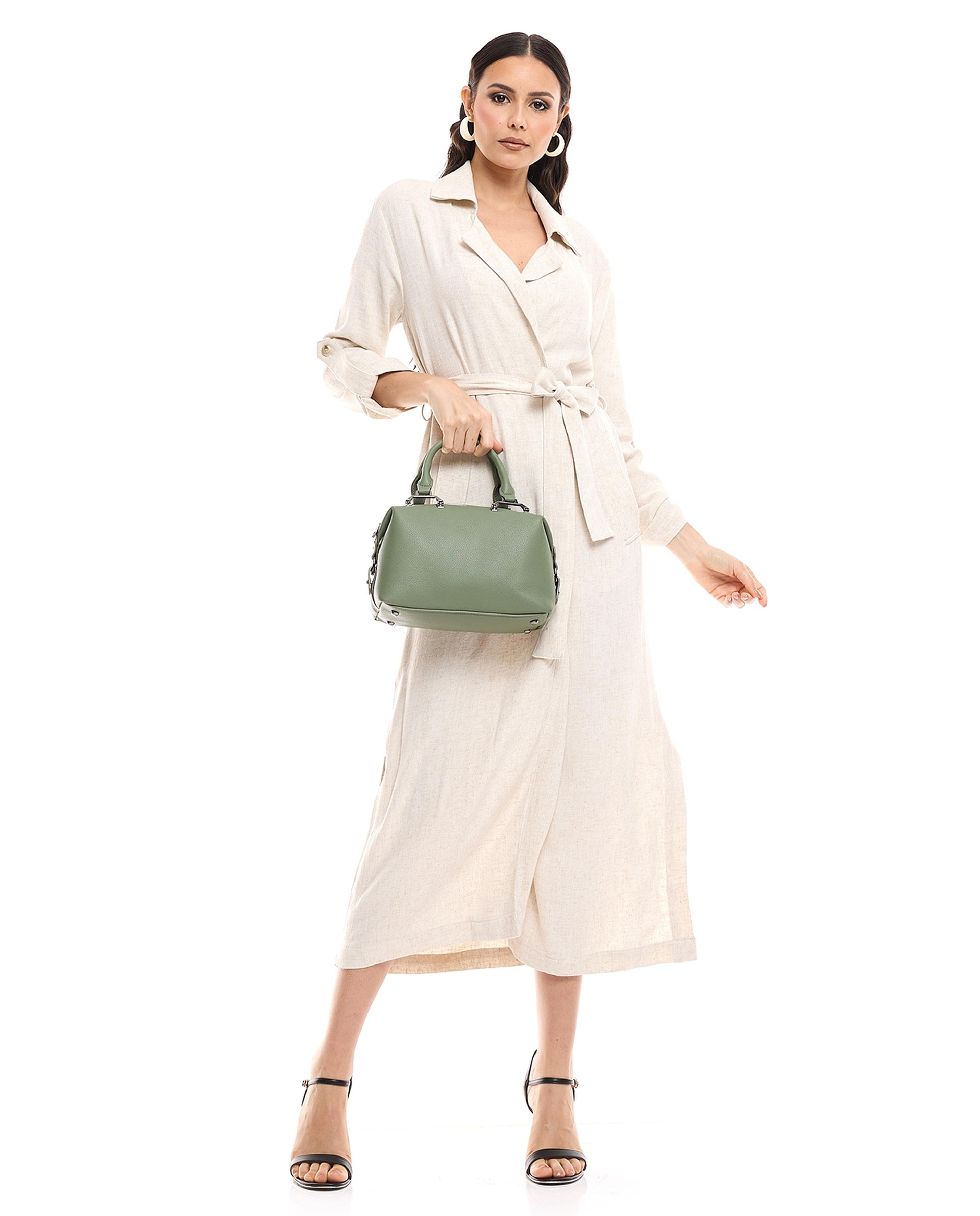 Solid Midi Dress with Lapel Collar and Long Sleeves