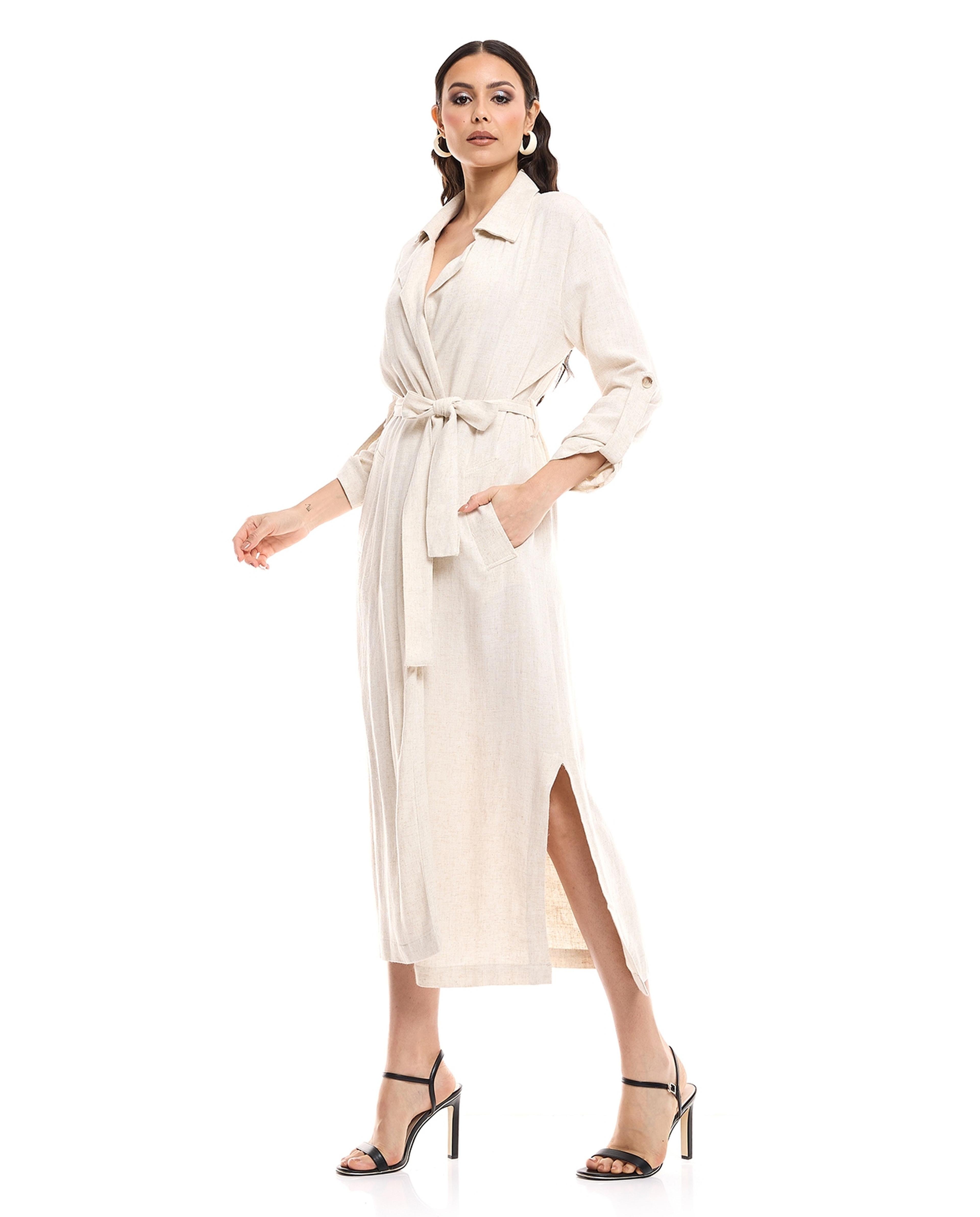Solid Midi Dress with Lapel Collar and Long Sleeves
