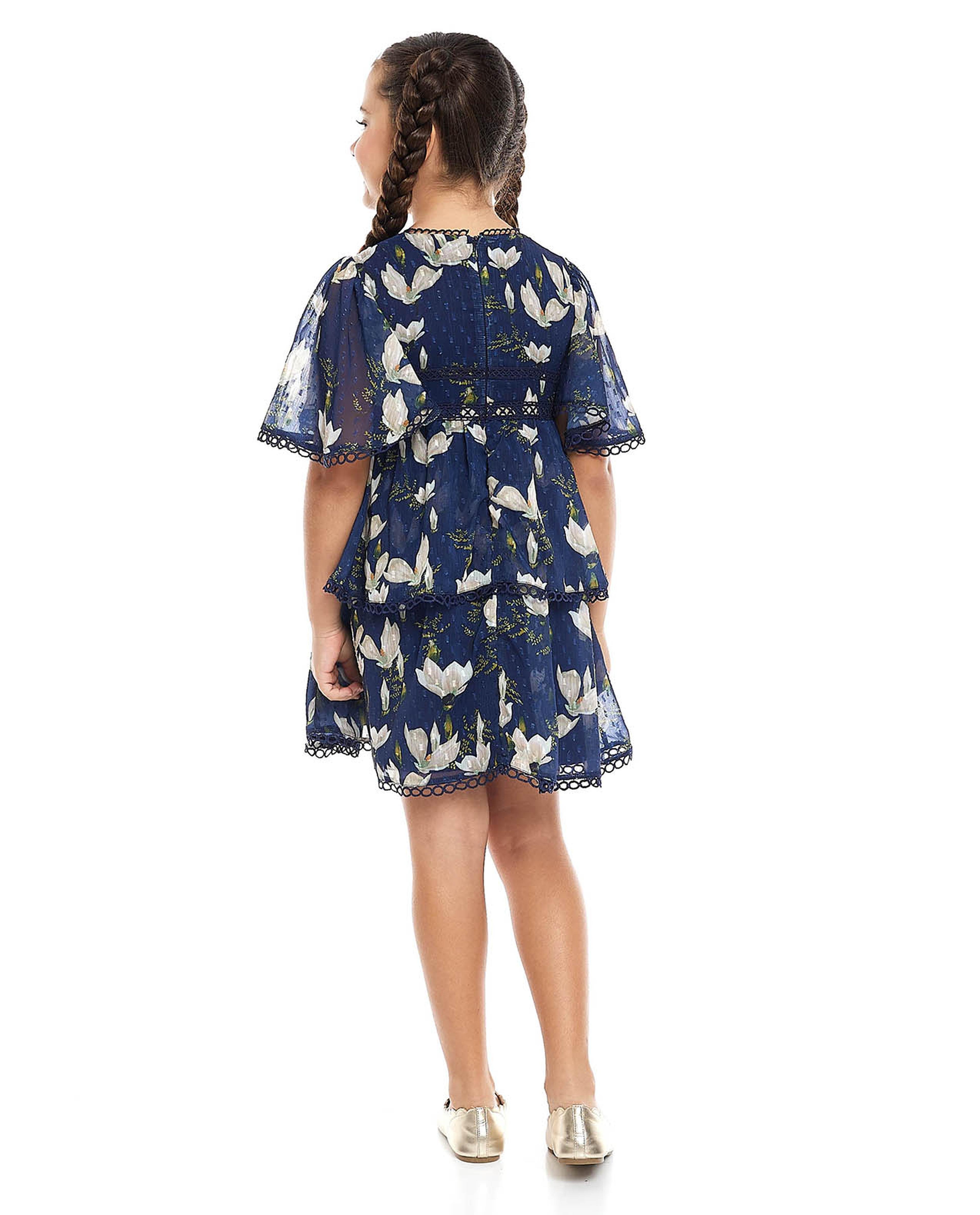 Printed Layered Dress with Crew Neck and Flared Sleeves