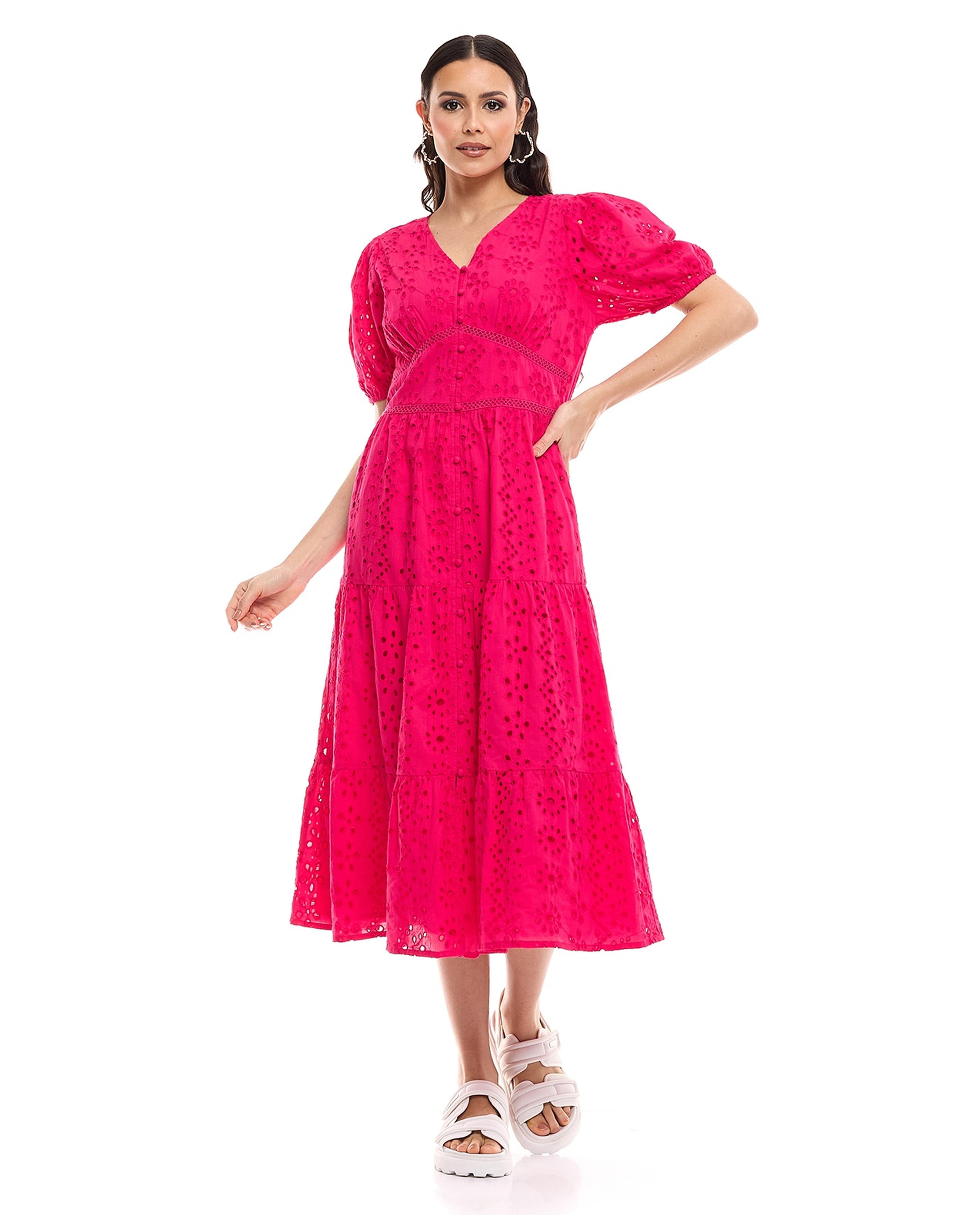Schiffli Midi Dress with V-Neck and Puff Sleeves